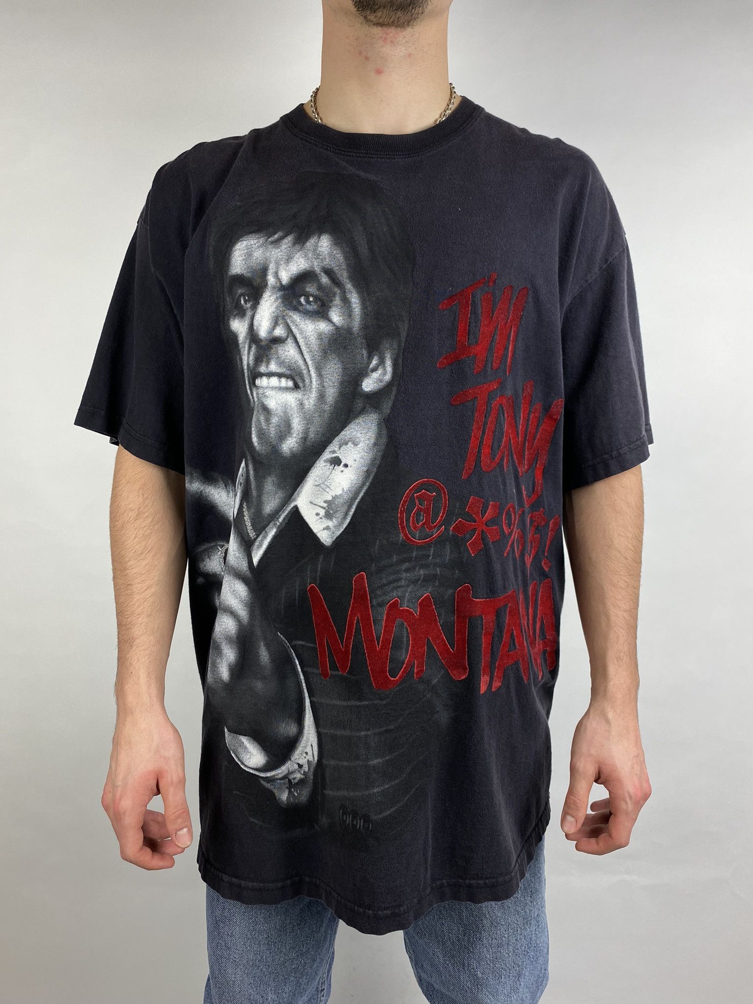 Image of Scarface OG Clothing Tee Tony Montana Vintage Fullprint in Black, Men's (Size XL)