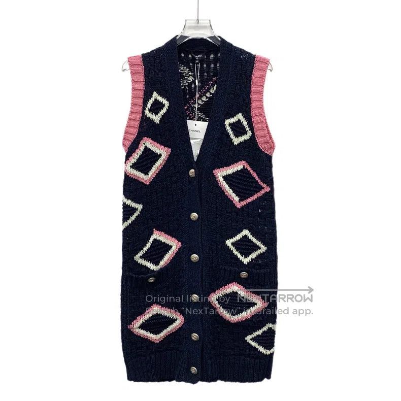 Chanel Chanel Dark blue diamond check cotton V-neck single-breast Size XXS / US 00 / IT 34 - 1 Thumbnail