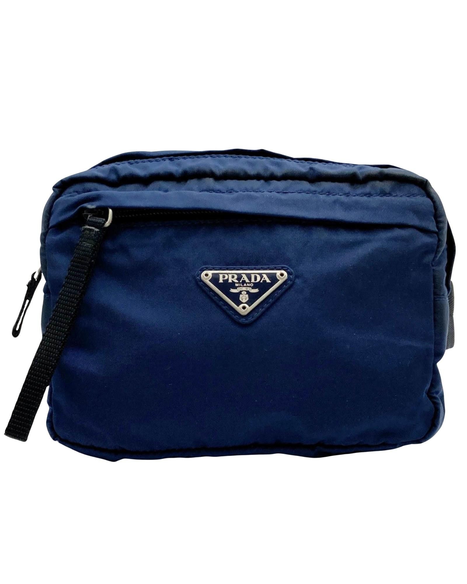 image of Prada Navy Blue Nylon Fanny Pack With Multiple Pockets, Women's