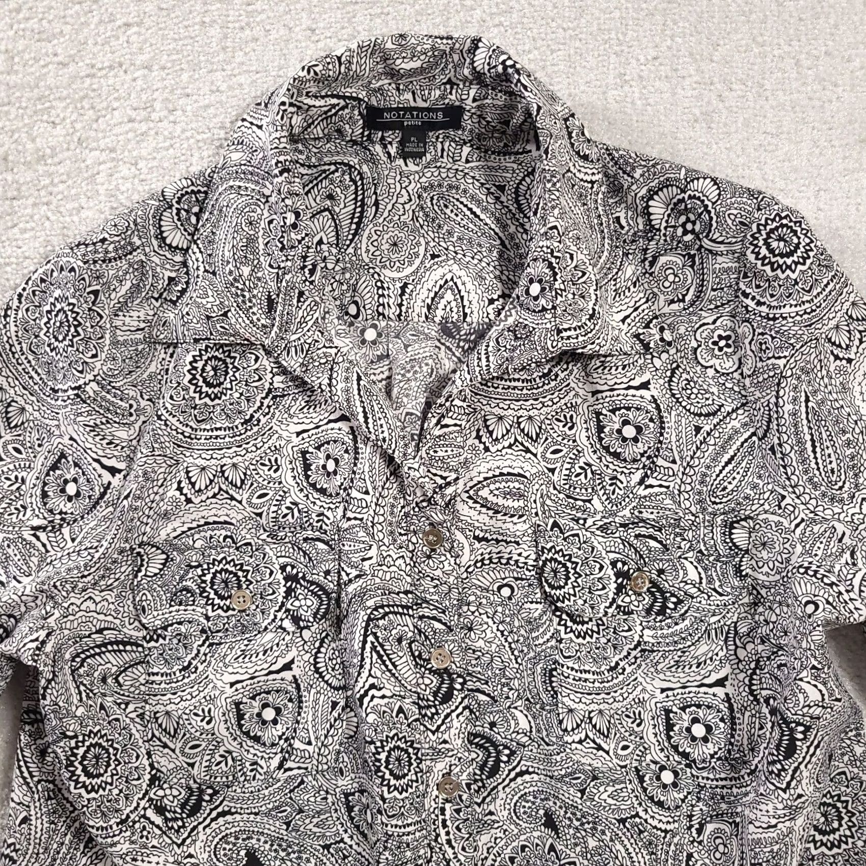 Vintage Notations Button Up Shirt Women's PL Petite Black White Floral Career Roll Tab Blouse Pockets Size L / US 10 / IT 46 - 3 Thumbnail