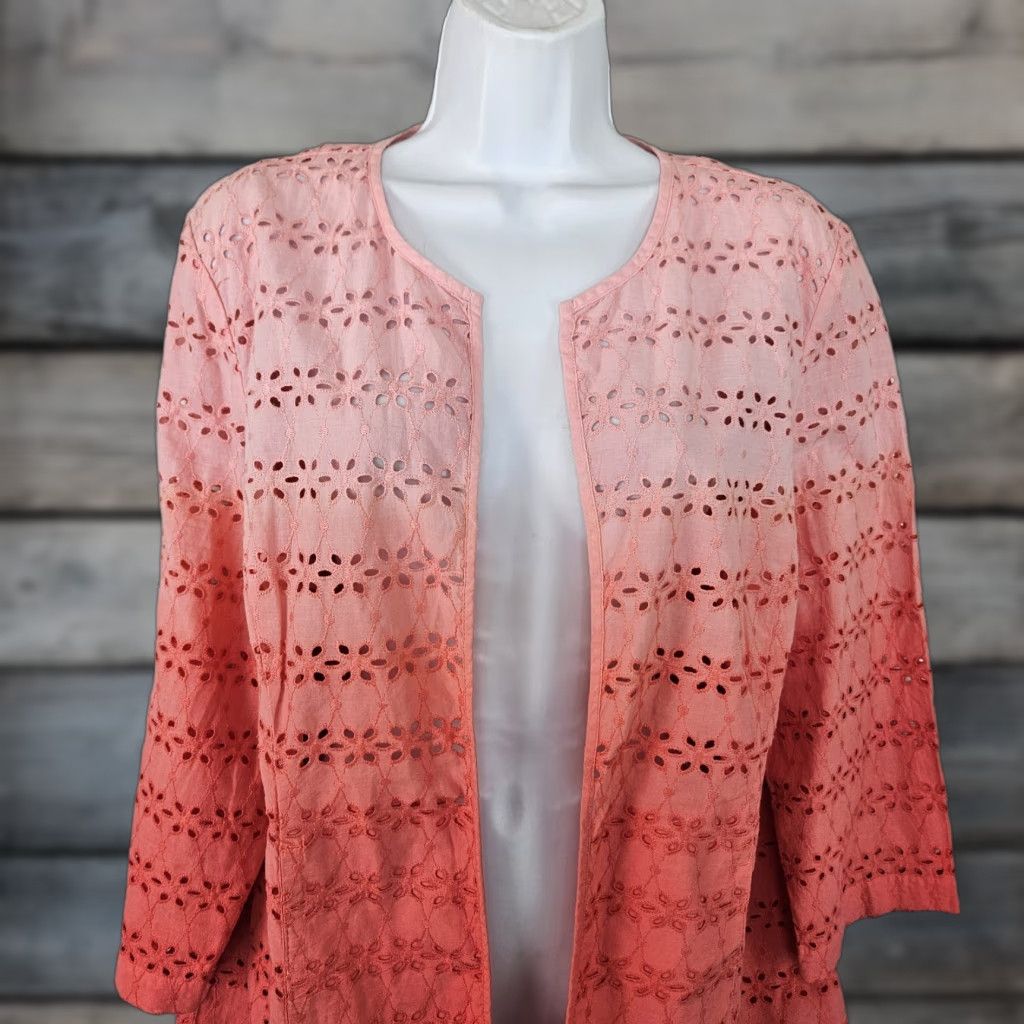 Vintage Chico's Womens Eyelet Jacket Sz Large Pink Ombre 3/4 Sleeve Open Front Cotton Jacket Womens Size L / US 10 / IT 46 - 1 Thumbnail