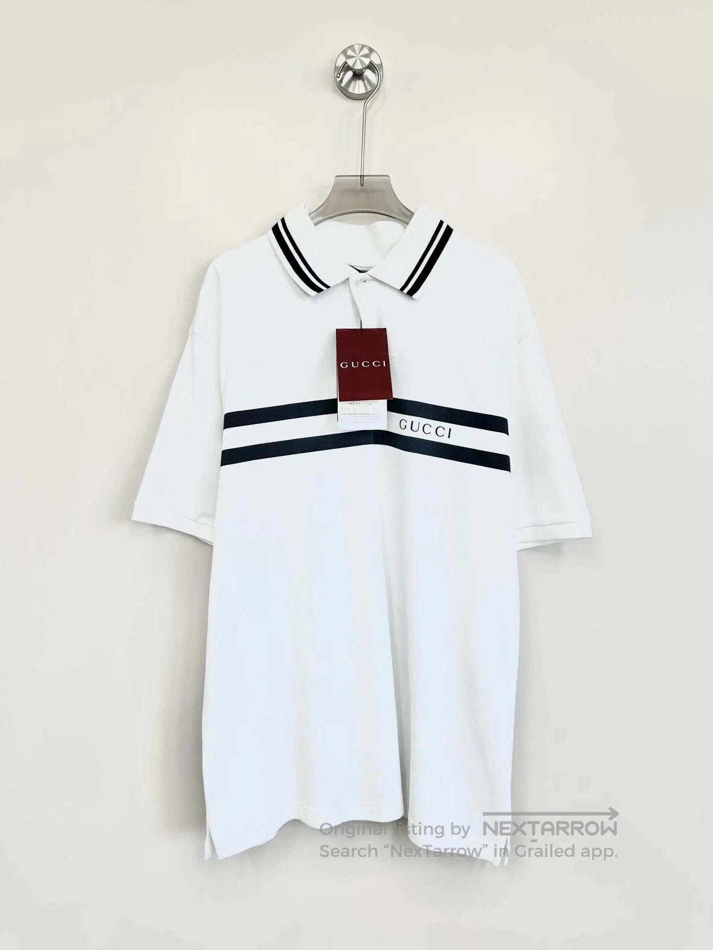 Gucci Guicci White Stripe Logo Short Sleeve Polo Shirt| Size US M / EU 48-50 / 2 - 1 Thumbnail