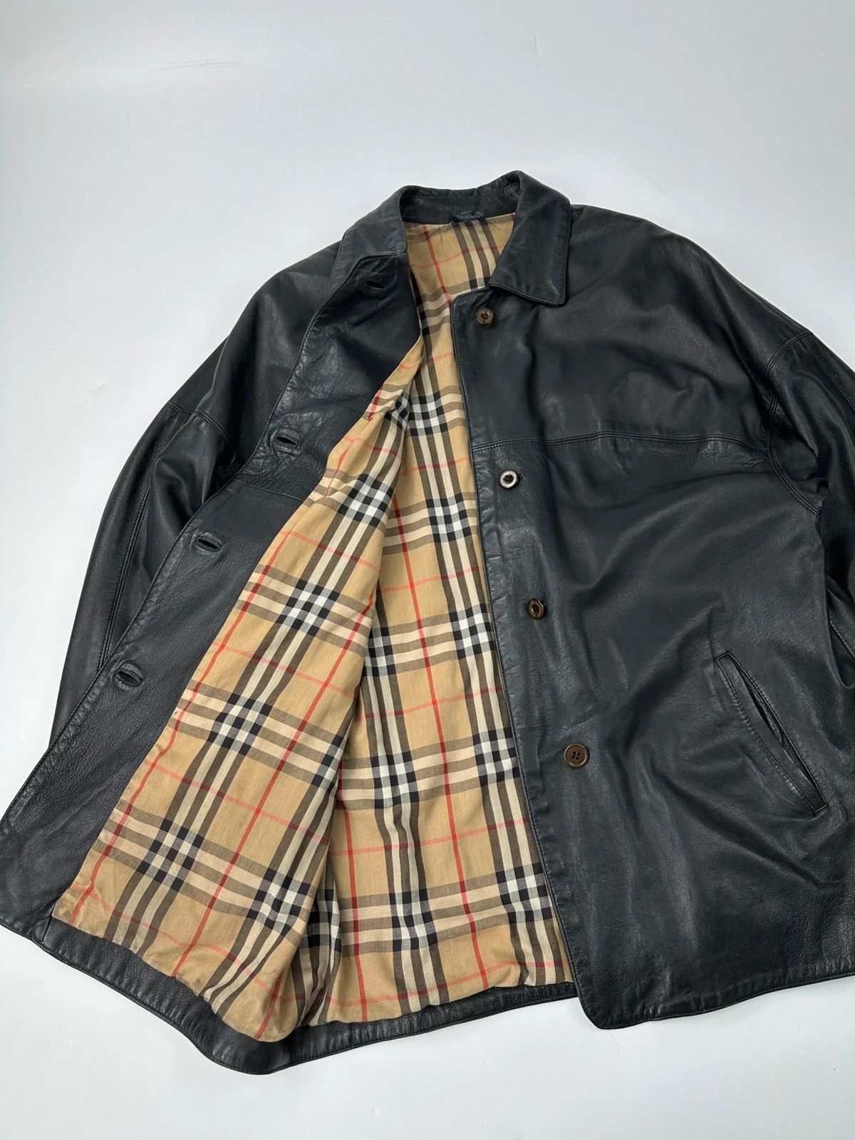 Burberry Burberrys 90s Black Leather Trench Coat Tartan Monogram Size US L / EU 52-54 / 3 - 9 Thumbnail