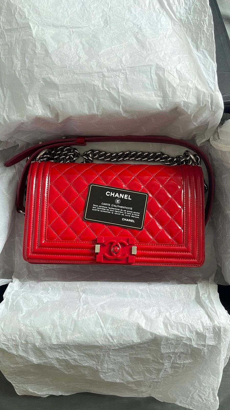 Chanel Chanel Red Quilted Patent Leather Medium Boy Bag Size ONE SIZE - 1 Thumbnail
