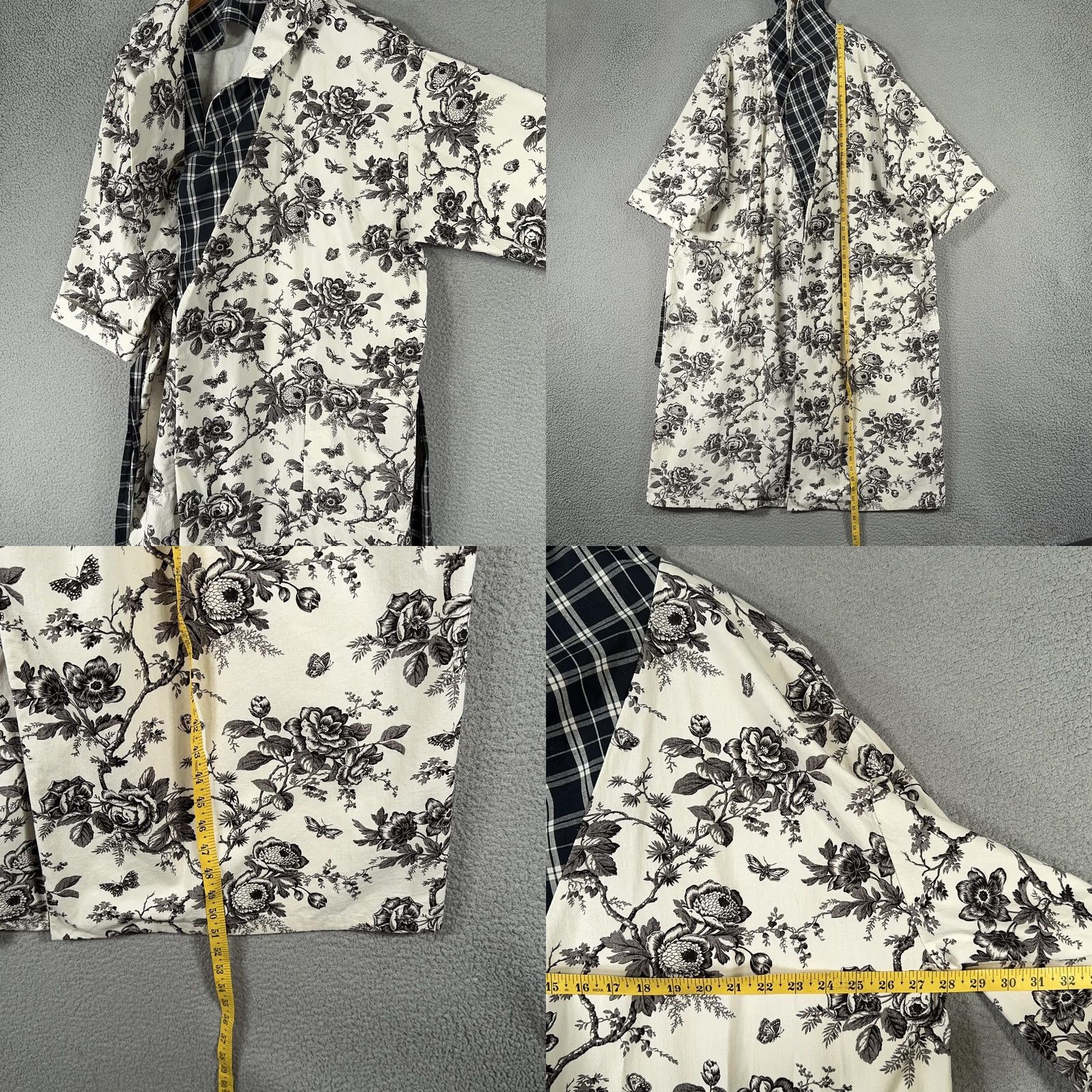 Vintage VINTAGE Handmade Robe One Size Black White Floral Toile de Jouy Kimono Belted Size ONE SIZE - 8 Thumbnail