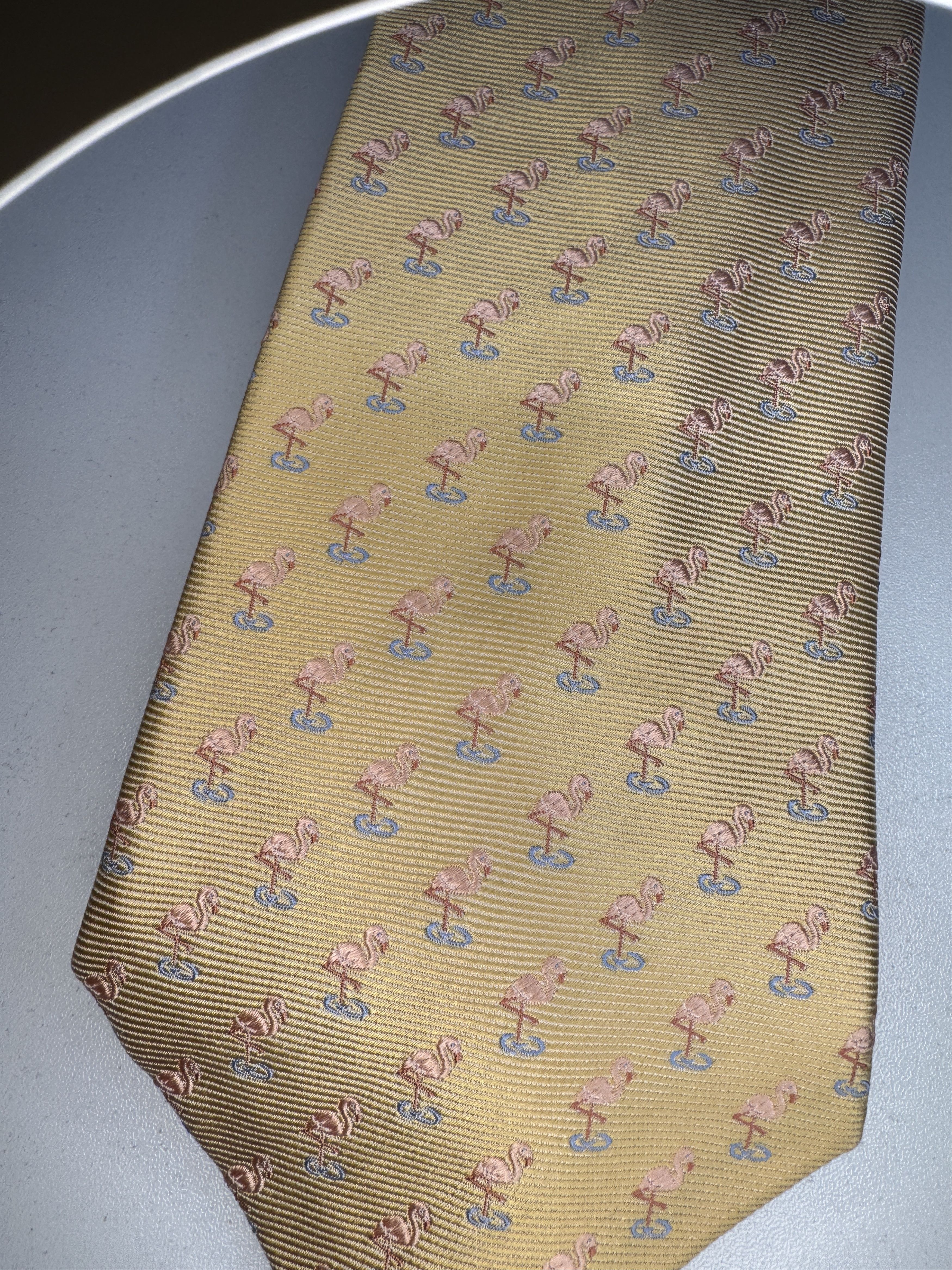 Vintage JZ Richards Boulder Silk Necktie Yellow with PINK FLAMINGOS Size ONE SIZE - 1 Thumbnail