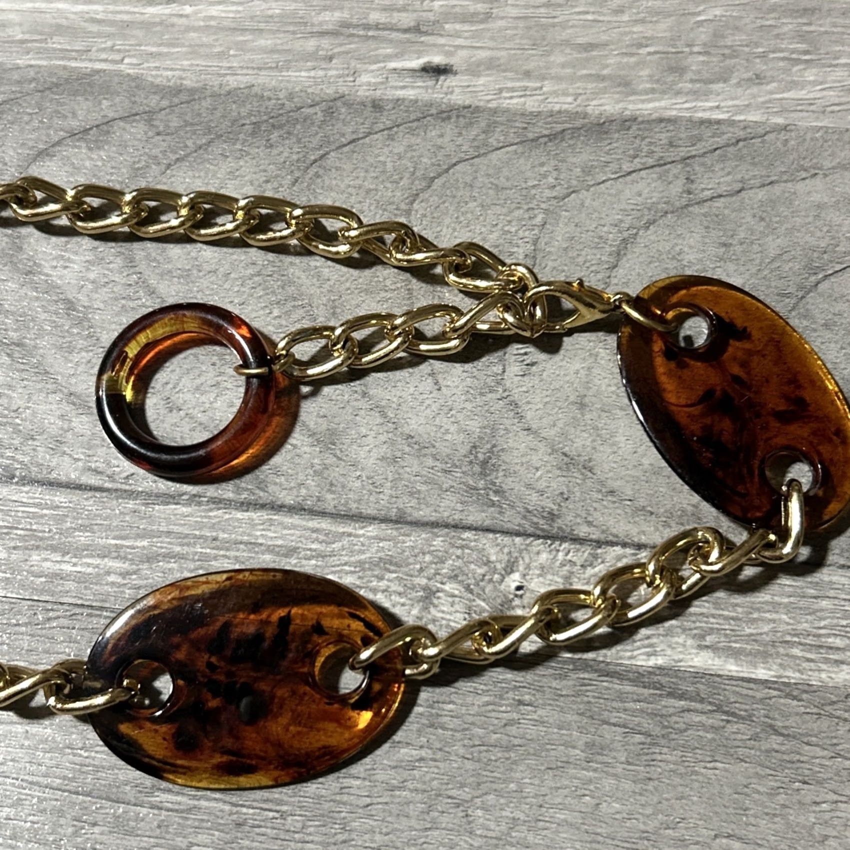 Vintage Tortoise Shell Chain Belt Women Brown Metal Shells Gold Chain Link Hook And Loop 43” Size ONE SIZE - 3 Thumbnail