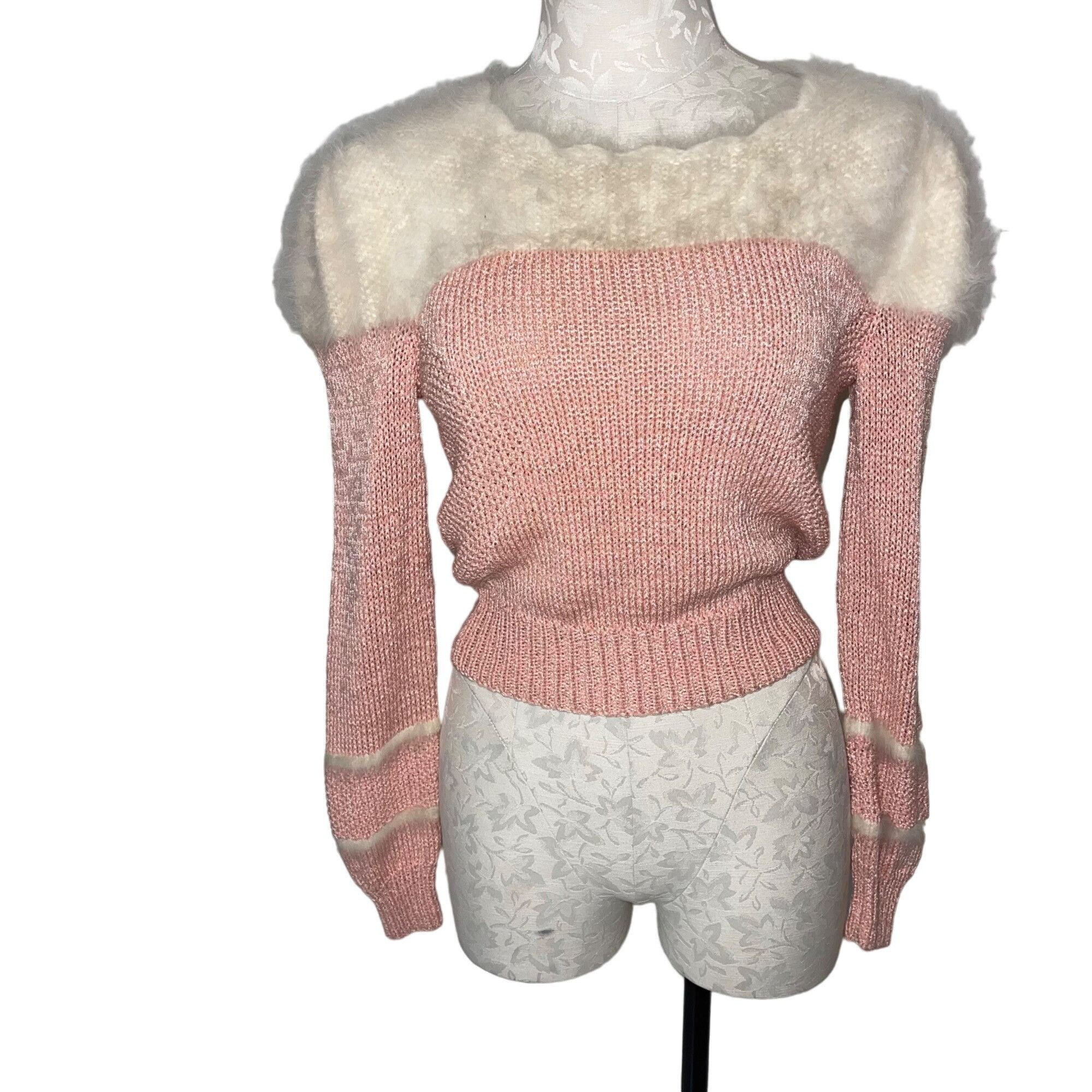 image of Vintage Womens Sweater Size Small Pink Knit Puff Shoulder