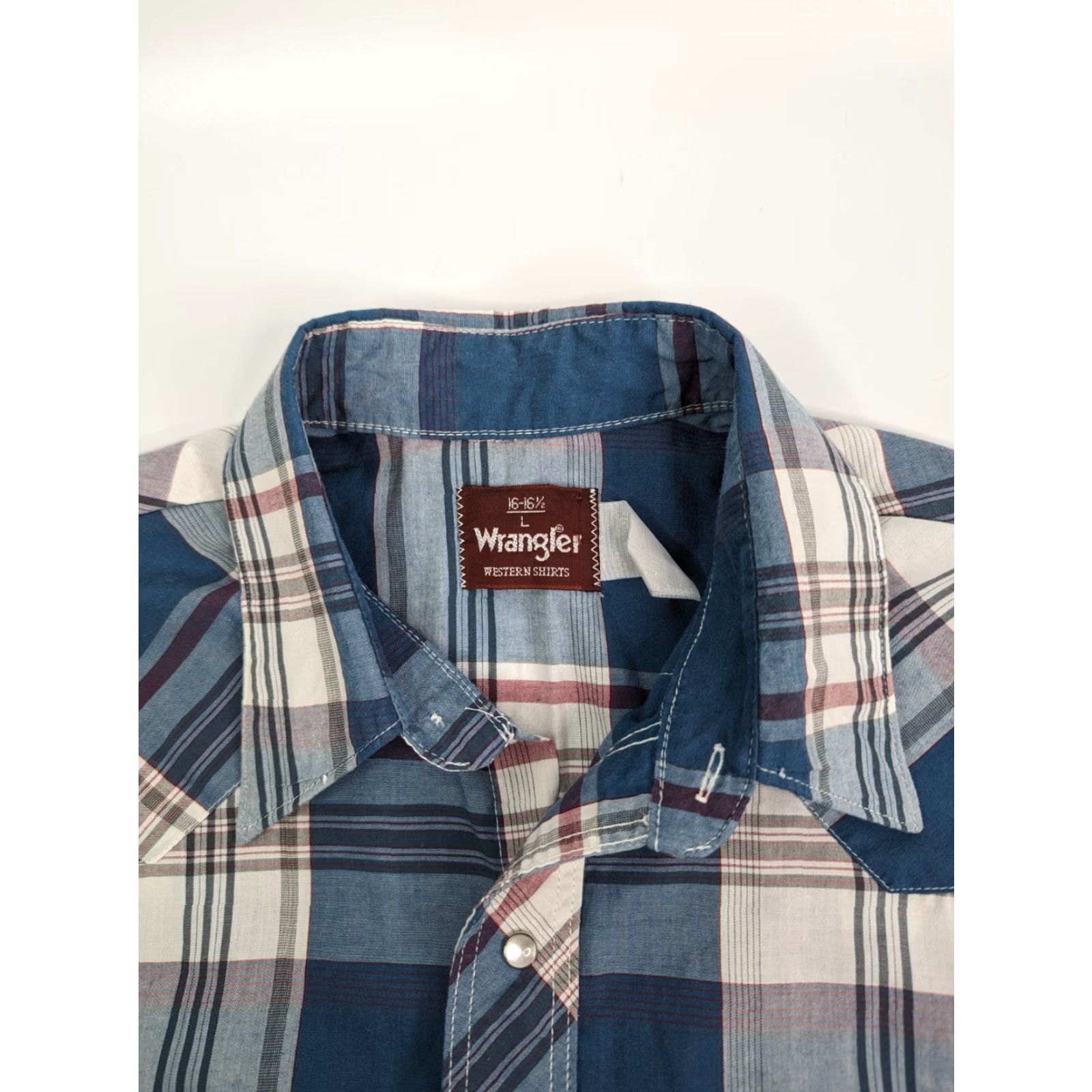Wrangler VINTAGE Wrangler Western Plaid Pearl Snap Shirt Short Sleeve 16 Blue Mens 80s Western Shirt Snap Closure 16-16.5 Size US L / EU 52-54 / 3 - 7 Thumbnail