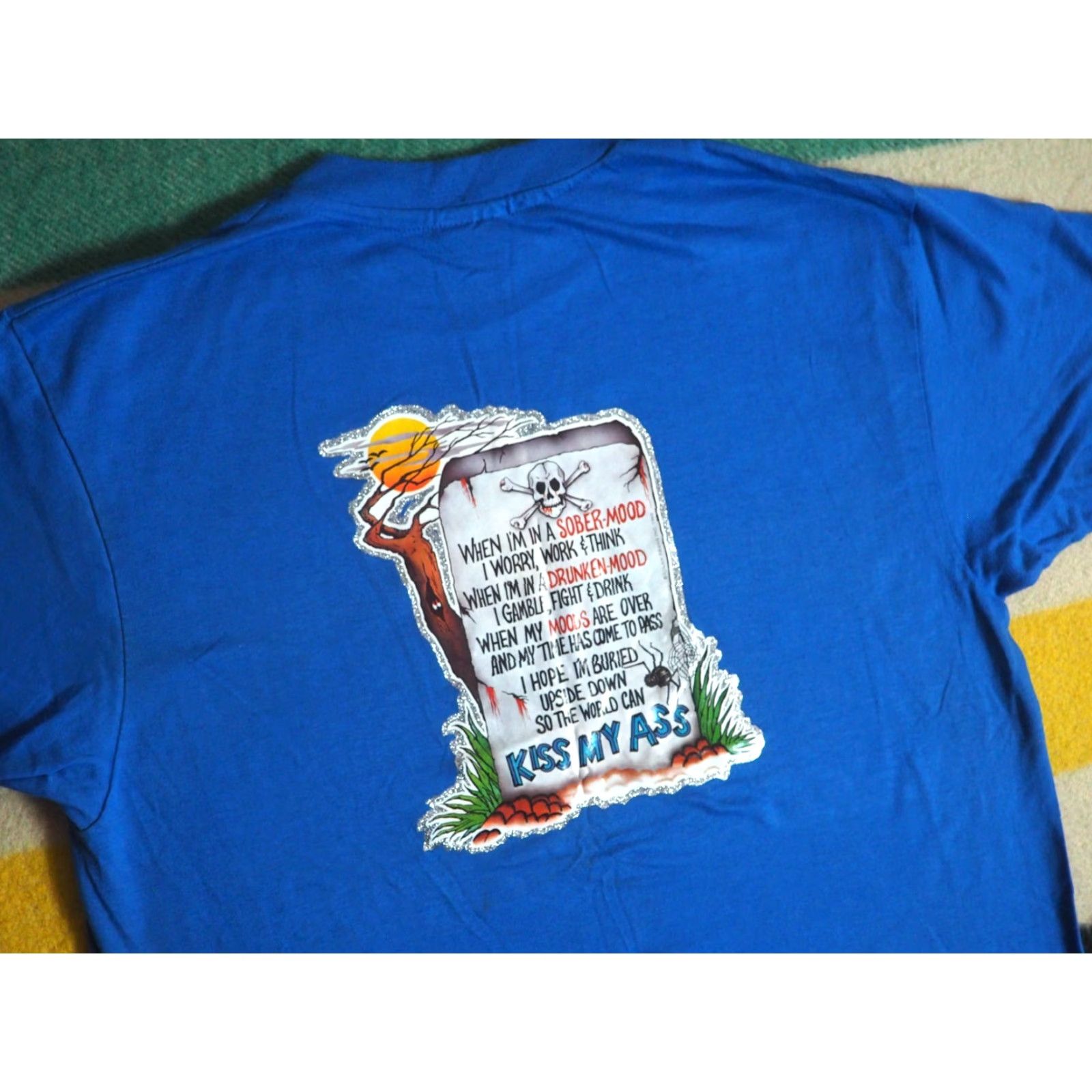Hanes VTG 70s 80s Hanes Text Joke Tombstone Skull Humor 50/50 Blue Tee T-Shirt Mens L Size US L / EU 52-54 / 3 - 3 Thumbnail
