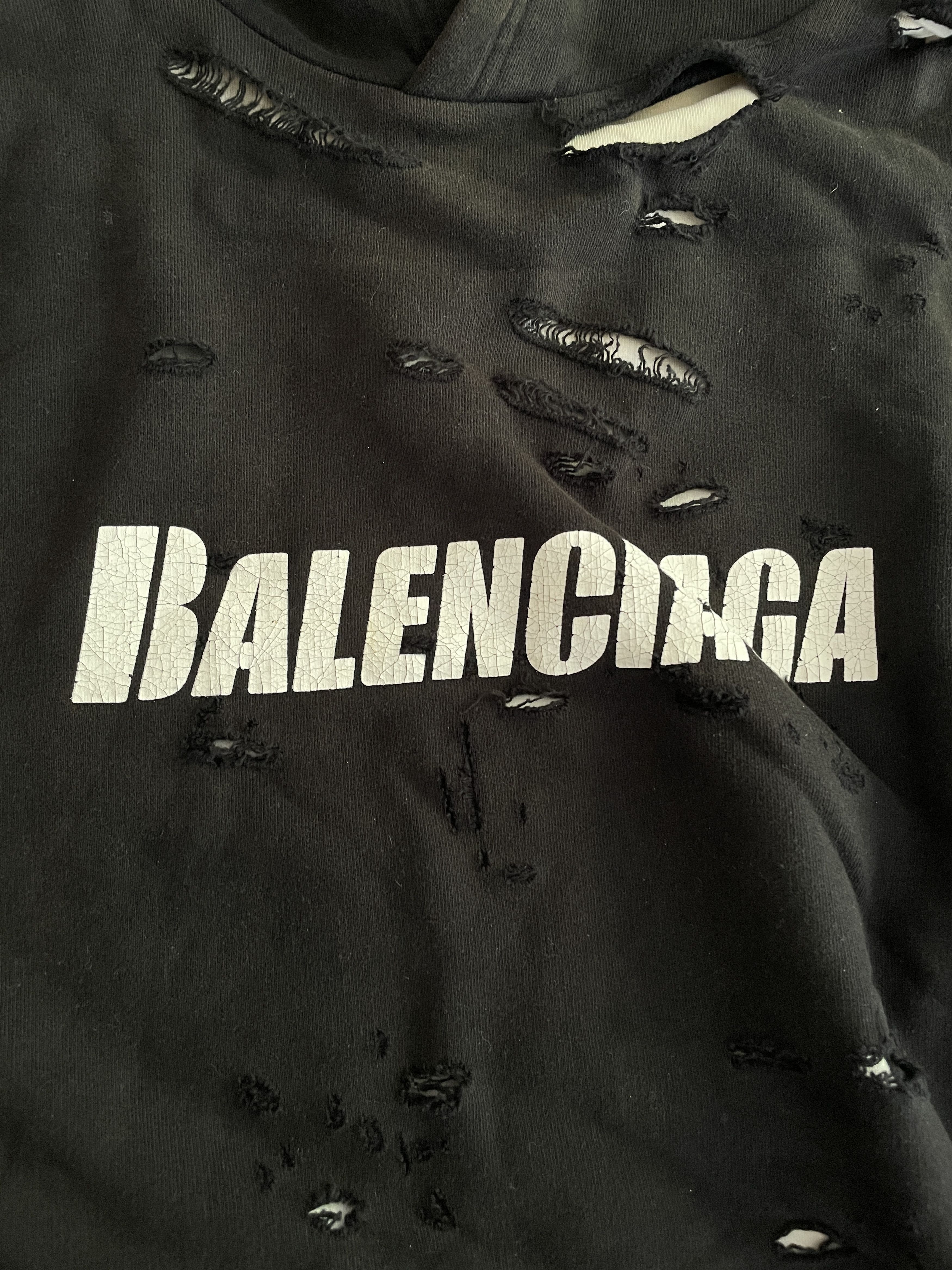 Balenciaga Distressed Caps Hoodie in Black &white underlayer