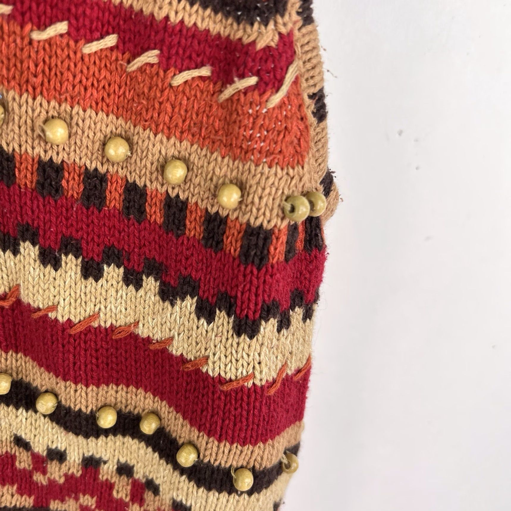 Vintage VTG Vintage Vest Open Knit Fur Trim Beaded Fair Isle Red Womens M Sleeveless V-Neck 90s Boho Grunge Theme Size M / US 6-8 / IT 42-44 - 3 Thumbnail