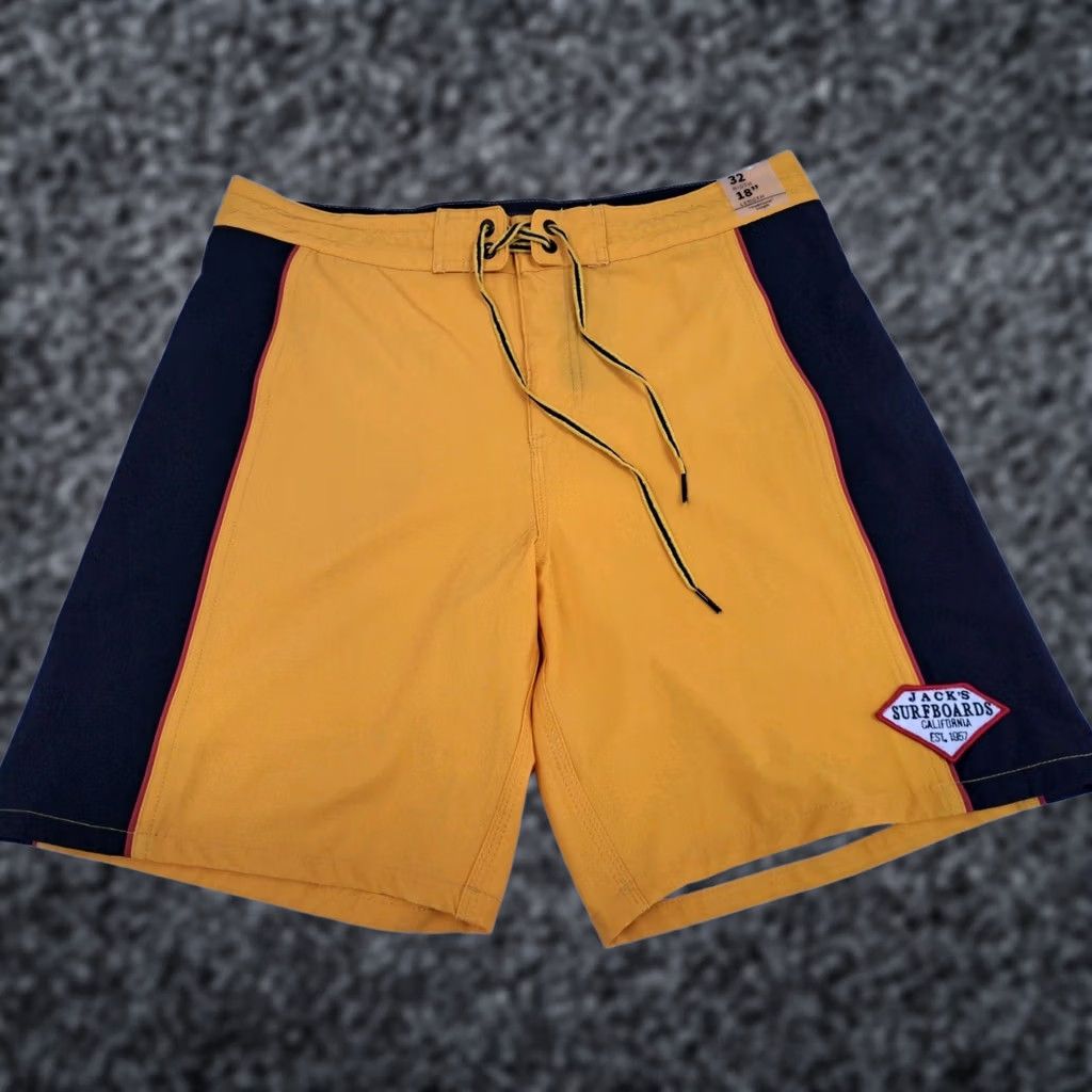Vintage NWT Jacks Surfboards California Men Board Shorts 32/18" Yellow/Blk Solid Beach Pattern Mens Bottoms Size US 32 / EU 48 - 1 Thumbnail