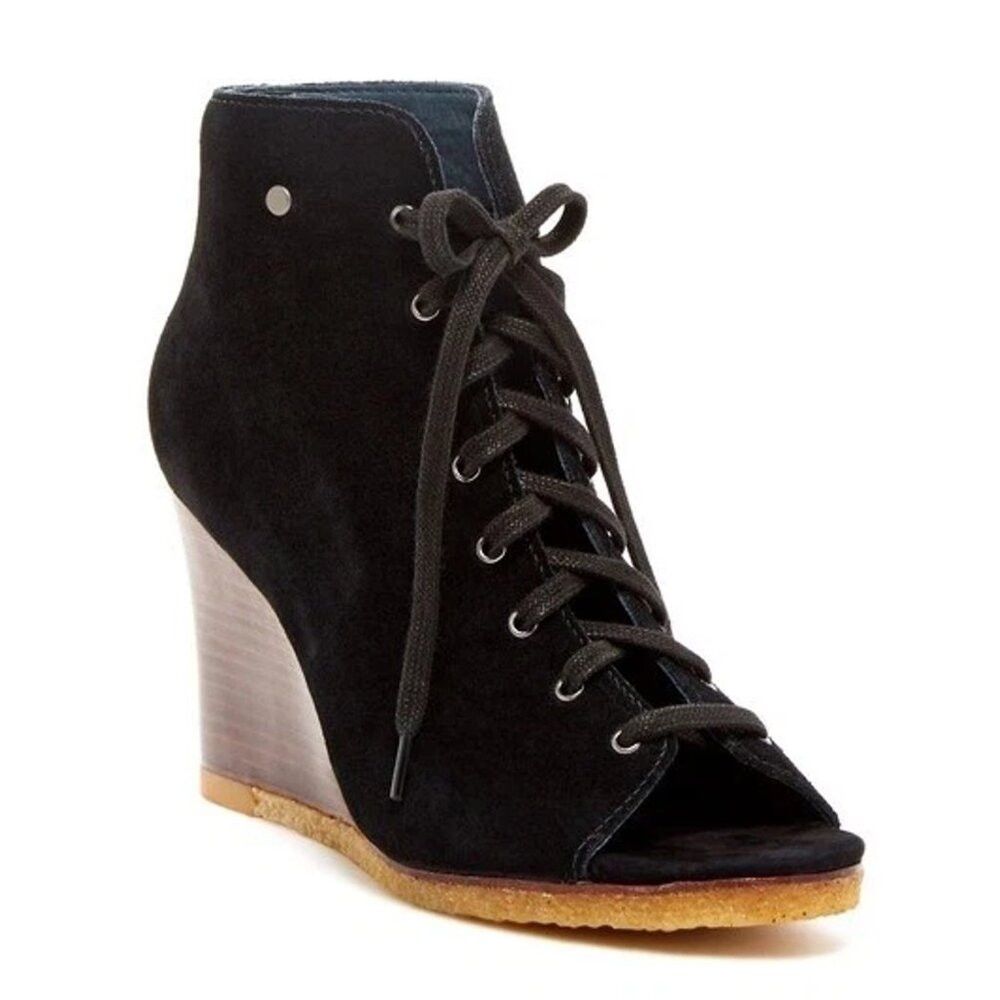 Ugg UGG Elyse Open Toe Black Suede Lace-up Wedge Booties 3340 S Size US 7.5 / IT 37.5 - 1 Thumbnail