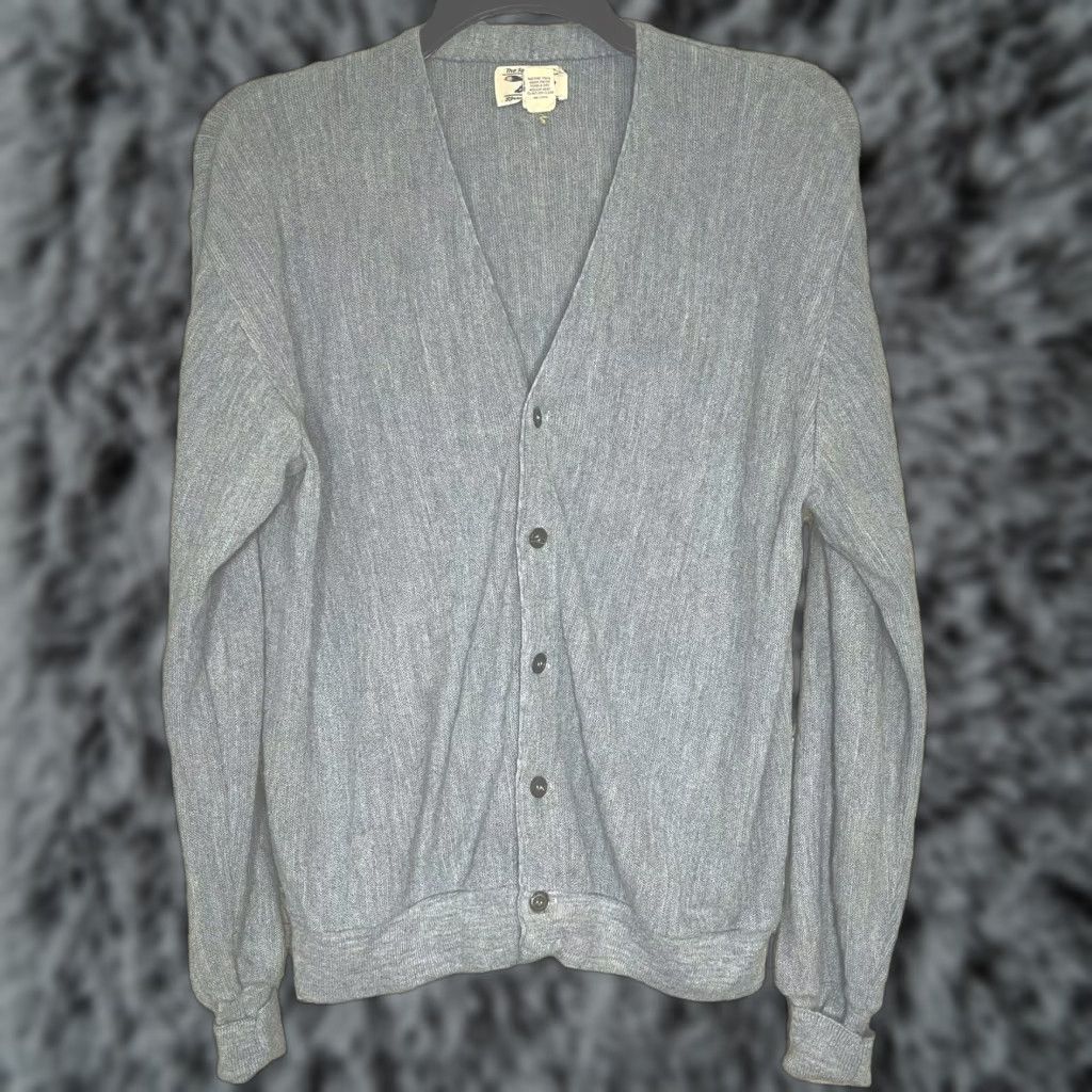 VINTAGE JCPenney The Fox Cardigan Sweater Men L Blue 80s 90s Grunge Hipster Logo Knit Long Sleeve V-Neck