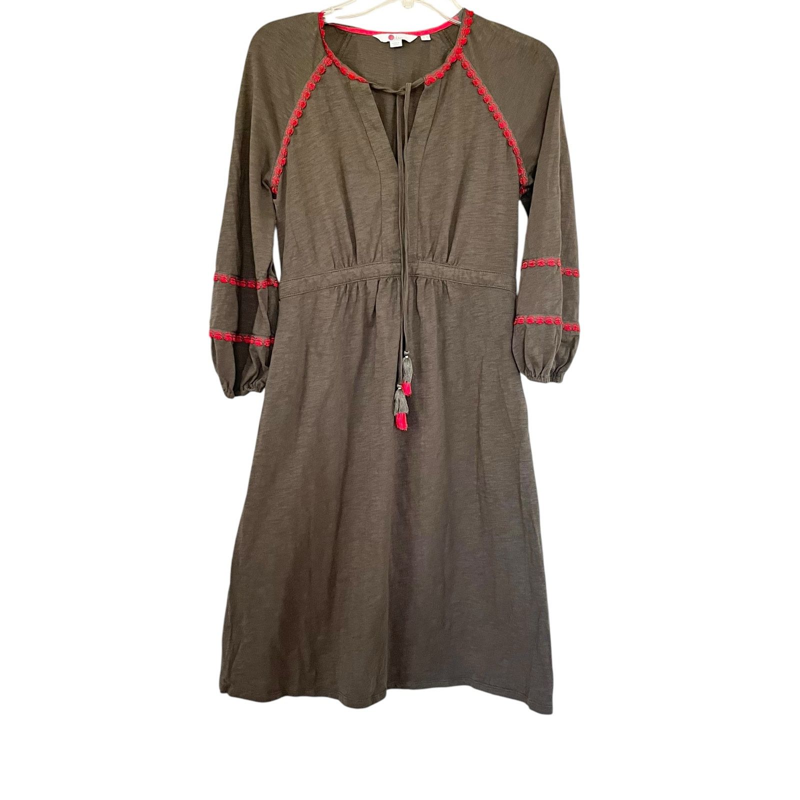 Boden Boden Heidi Army Green Red Detail Tassel Tie Jersey Dress Size XS / US 0-2 / IT 36-38 - 2 Thumbnail