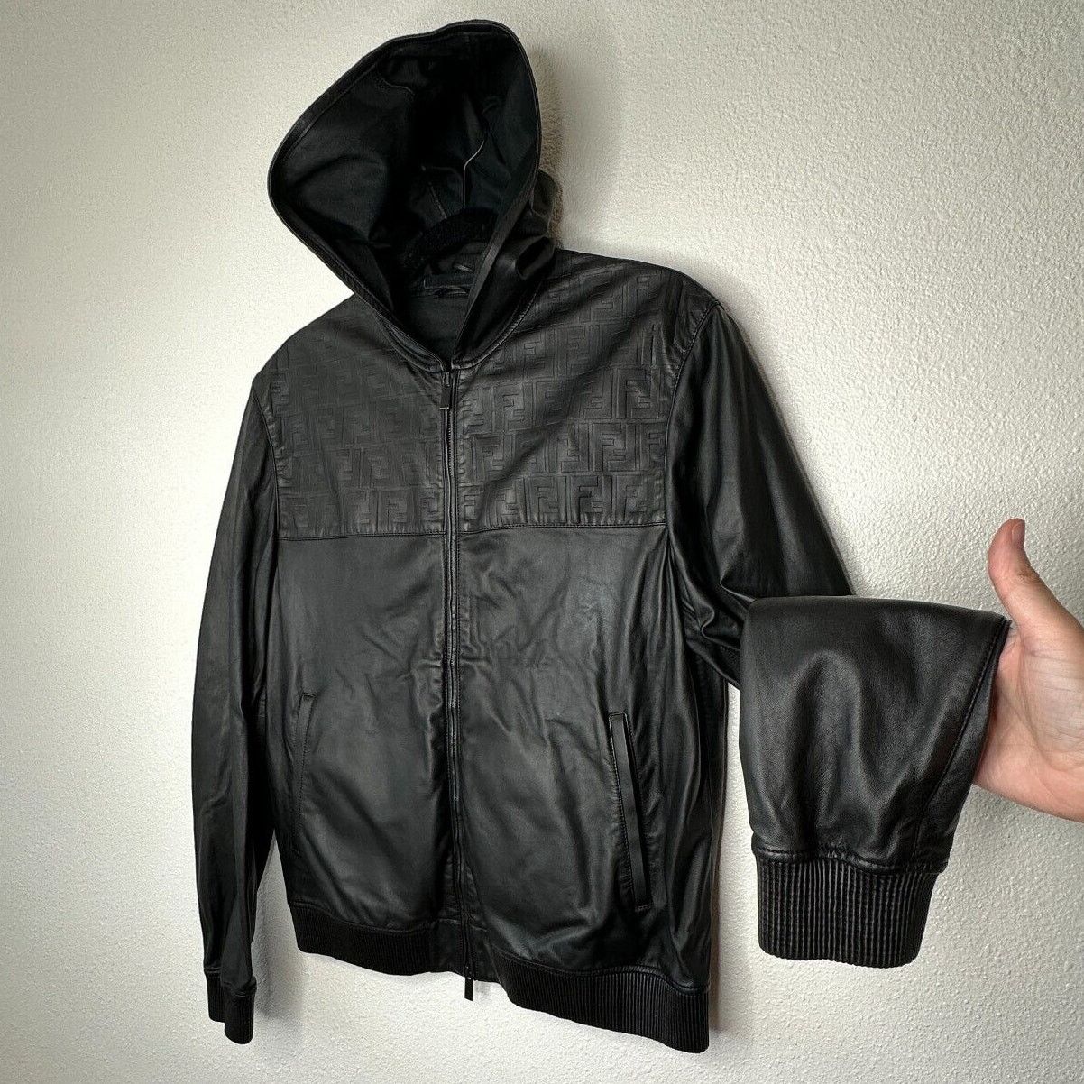 Fendi Fendi Black Leather Embossed Monogram Front Hooded Jacket Size US L / EU 52-54 / 3 - 7 Thumbnail
