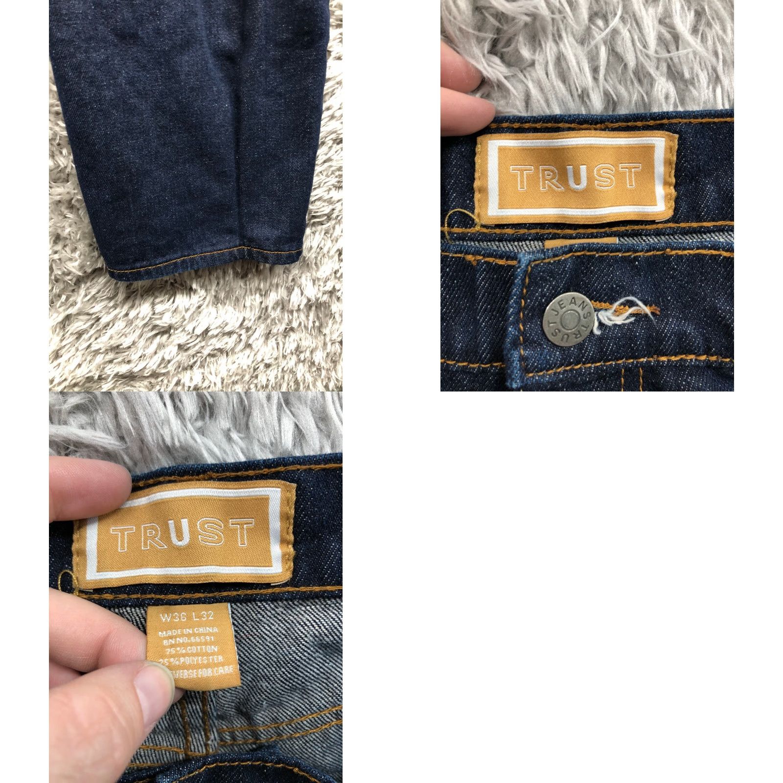 Denime Trust Jeans Mens Mid Rise Straight Leg Dark Wash Blue Denim Jeans 36x32 Regular Belt Loops 5-Pocket Size US 36 / EU 52 - 8 Thumbnail
