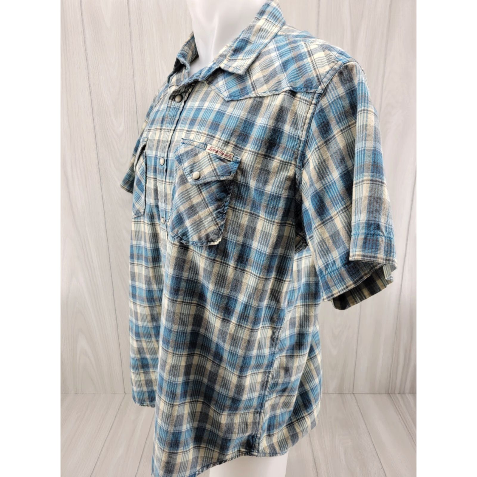 Lucky Brand Lucky Brand Mens Shirt XL Blue Tan Plaid Pearl Snap Western Short Sleeve Size US XL / EU 56 / 4 - 3 Thumbnail
