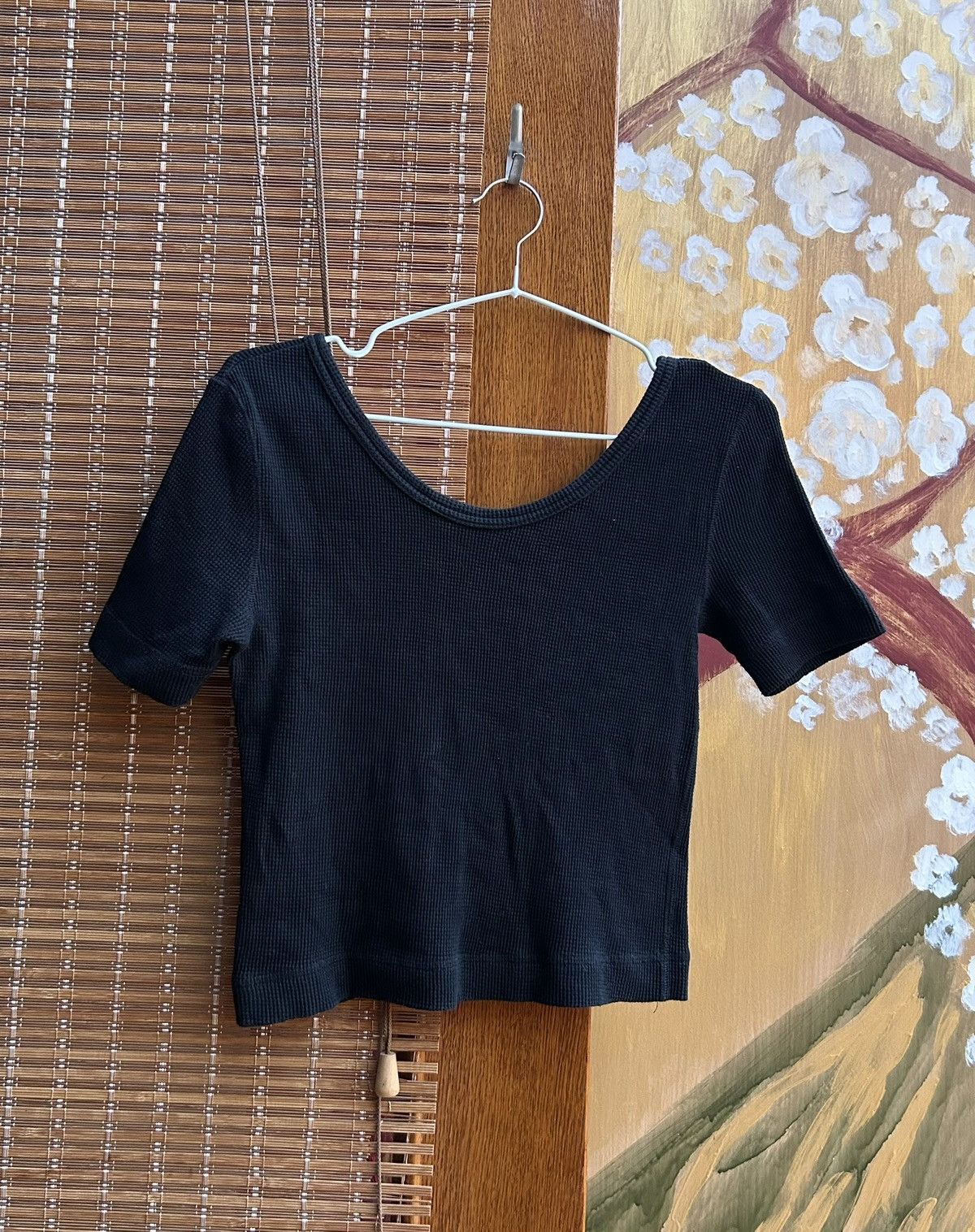 Beams Japan Ray Beams Waffle Knit Scoop Neck Black Cropped Top OS Size ONE SIZE - 2 Thumbnail