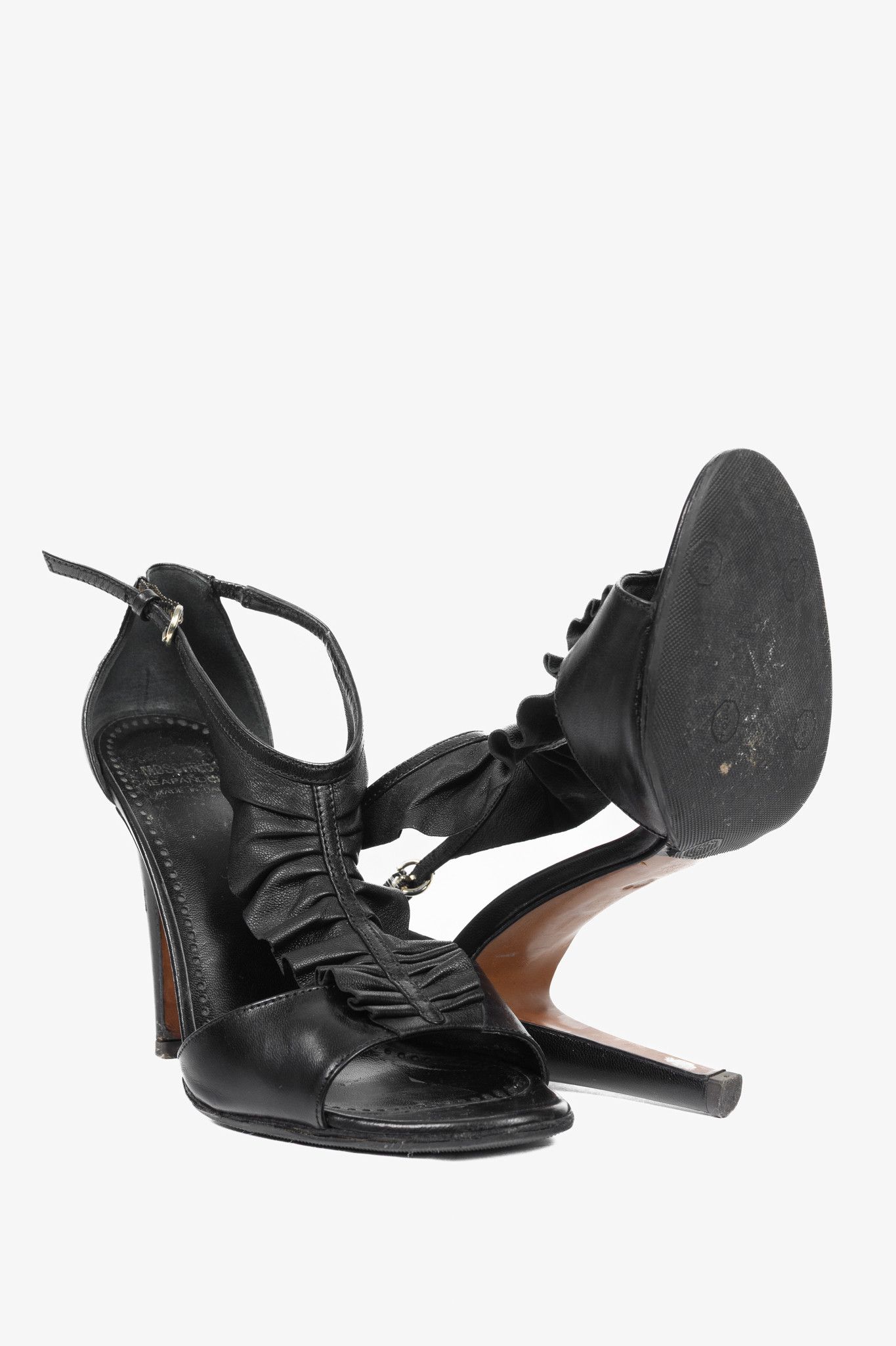 Moschino Moschino Cheap and Chic Black Leather Ruffle T-Strap Sandals Size US 6 / IT 36 - 4 Thumbnail