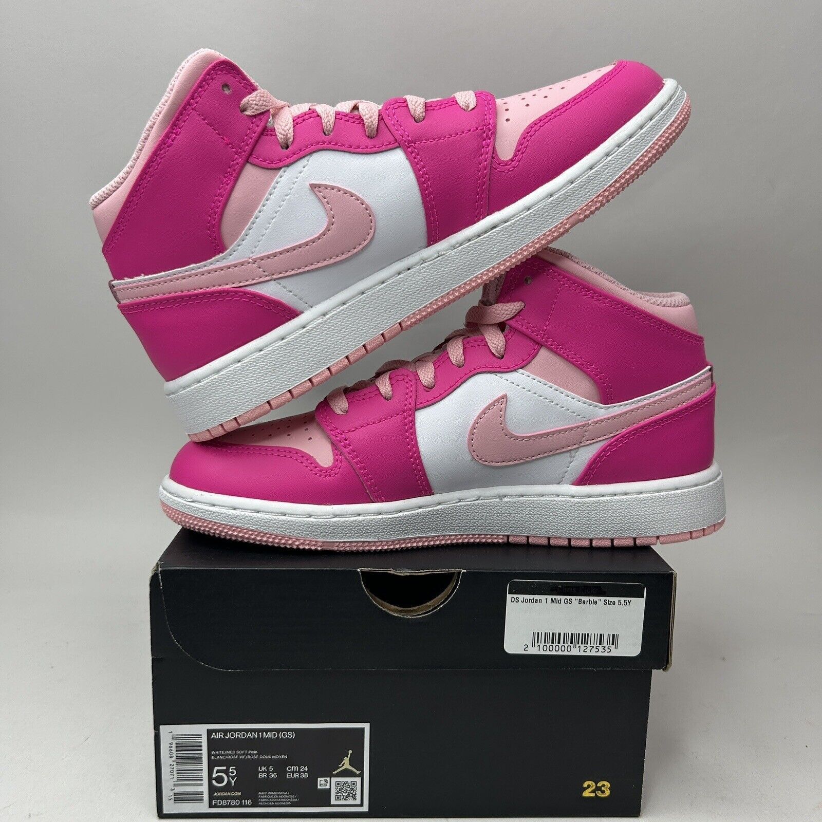 Nike Nike Air Jordan 1 Mid GS “Fierce Pink/Barbie” 2023 Size US 7 / IT 37 - 3 Thumbnail