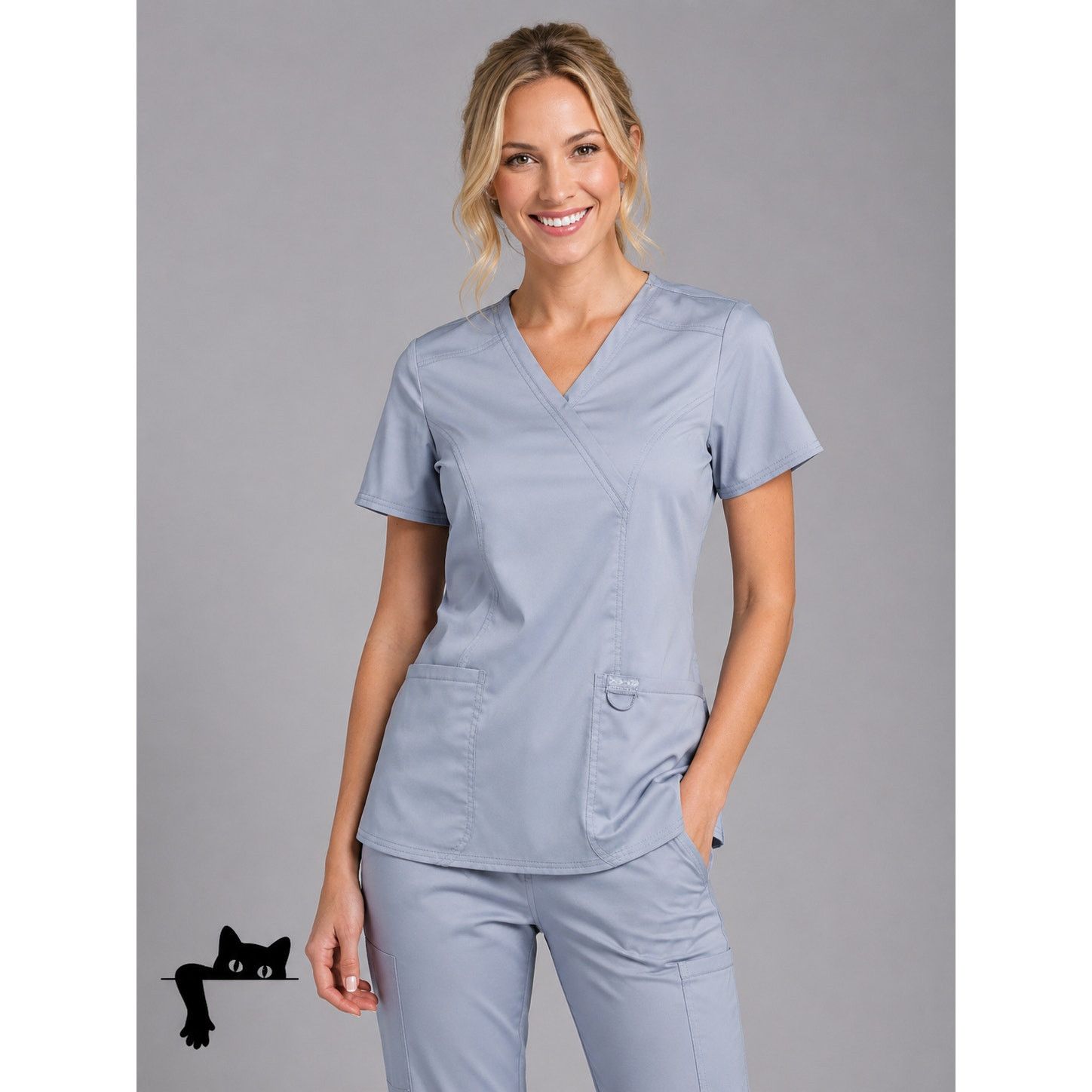 Cherokee Cherokee Gray-Blue Mock Wrap V-Neck Patch Pockes Scrub Top Size S / US 4 / IT 40 - 2 Thumbnail