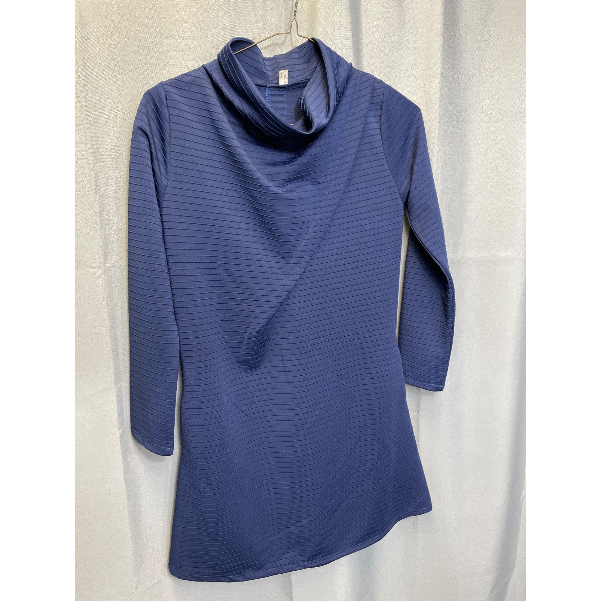 Designer Womens Blue Cowl Neck Ribbed Long Sleeve Dress SKU 7641 Size Size L / US 10 / IT 46 - 1 Thumbnail