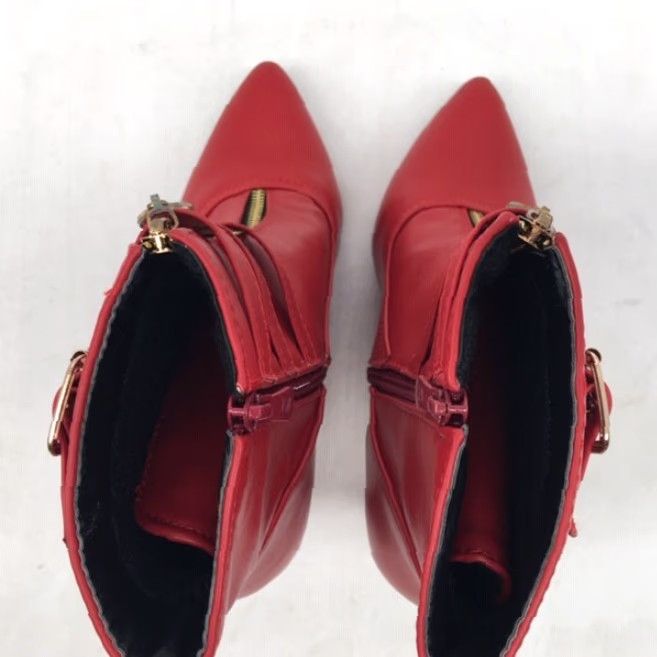 Vintage GF Sexy pointed toe stiletto heel boots - Buckle zipper short ankel boots Red Womens 6.5 US 37 EU Size 28" / US 6 / IT 42 - 5 Thumbnail