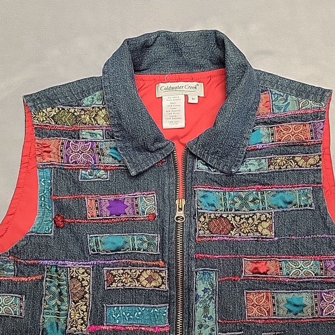 Coldwater Creek VINTAGE Coldwater Creek Vest Womens Medium Blue Denim Patchwork Embroidered Boho Retro Size M / US 6-8 / IT 42-44 - 4 Thumbnail