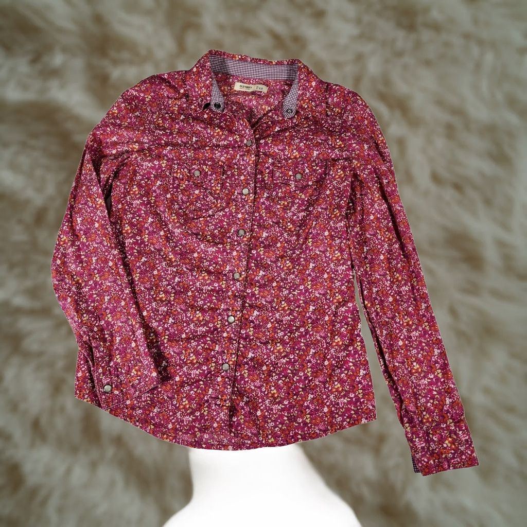 Old Navy Old Navy Womens XS Floral Pearl Snap Shirt Magenta Pink Long Sleeve Cotton Size XS / US 0-2 / IT 36-38 - 1 Thumbnail