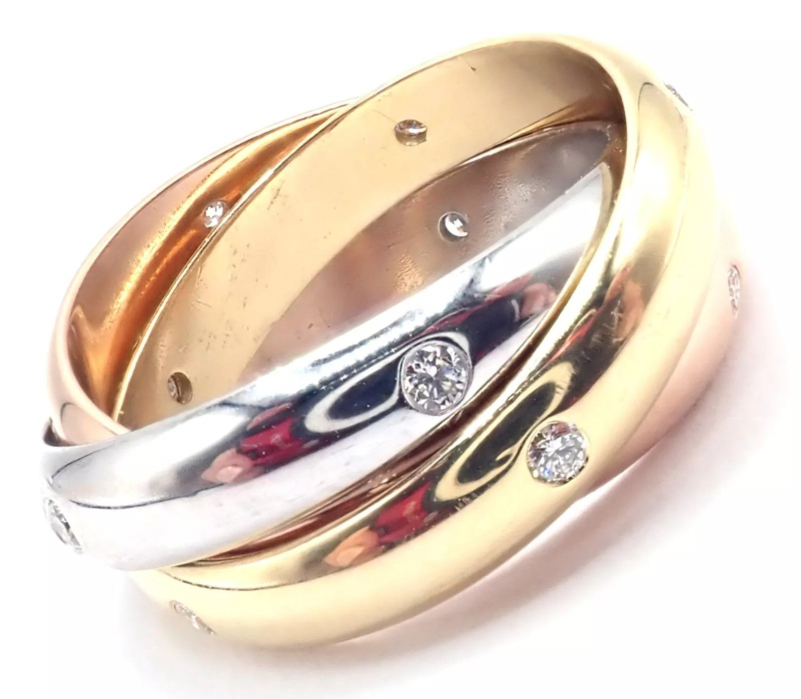 18k Tri-Color Gold Diamond Trinity Band Ring Size 5.75 Cert.