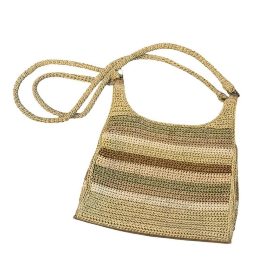 Other VINTAGE Tan Crochet Shoulder Bag Striped Knit Purse Handmade Size ONE SIZE - 1 Thumbnail