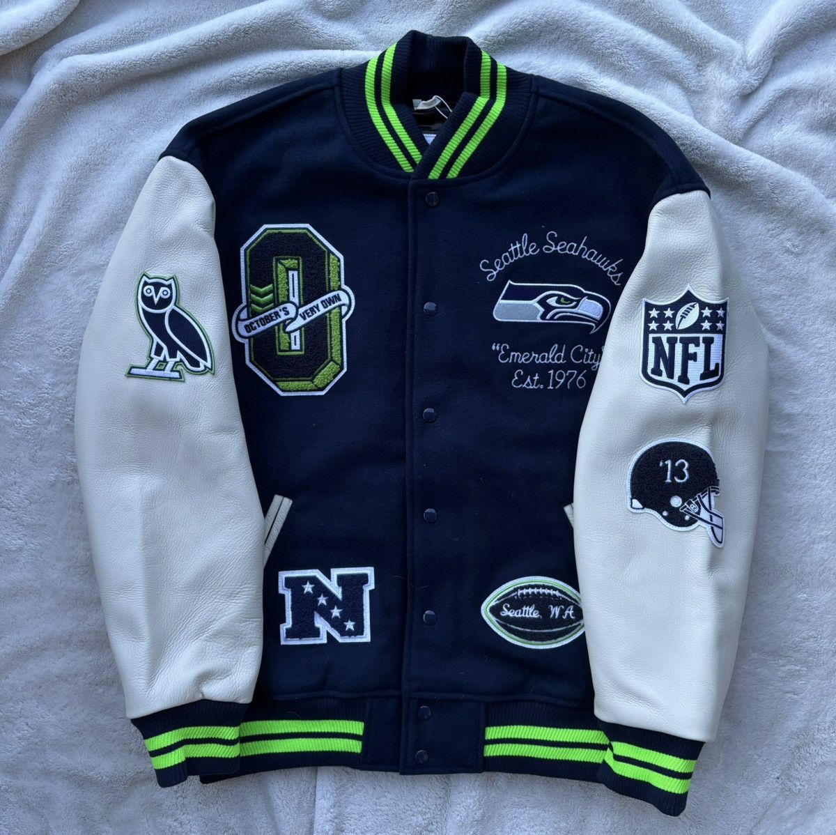 Image of Ovo X Nfl Seattle Seahawks Varsity Jacket in Navy, Men's (Size Small)