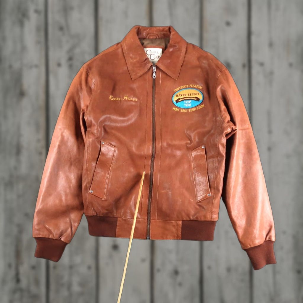 VINTAGE Cripple Creek Leather Bomber Jacket Women XS Brown Native Western 2009 AQHA Championship Size XS