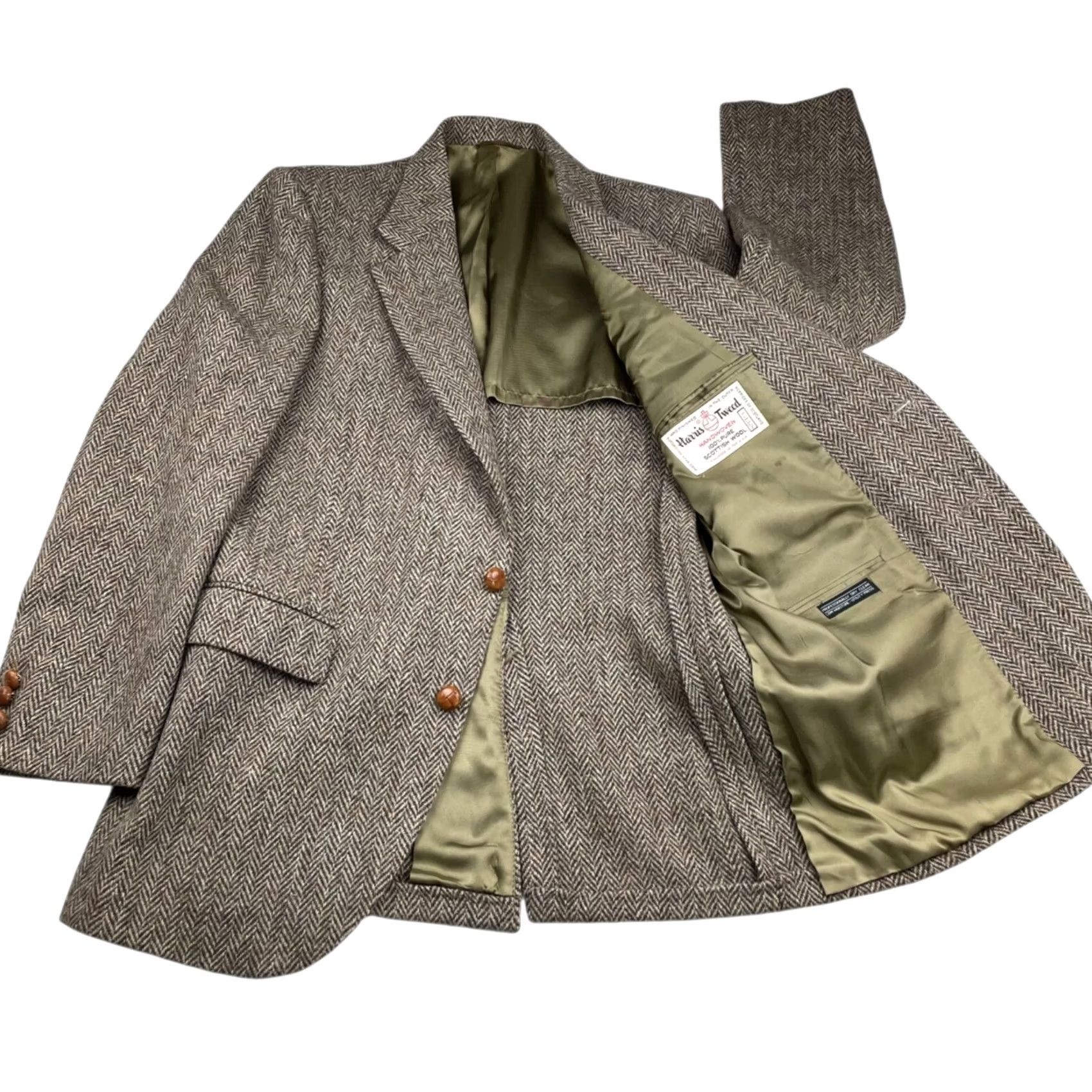 Harris Tweed VINTAGE Harris Tweed Blazer Men Brown Herringbone 40R Wool Leather Buttons Two-Button US Made Size 40R - 3 Thumbnail