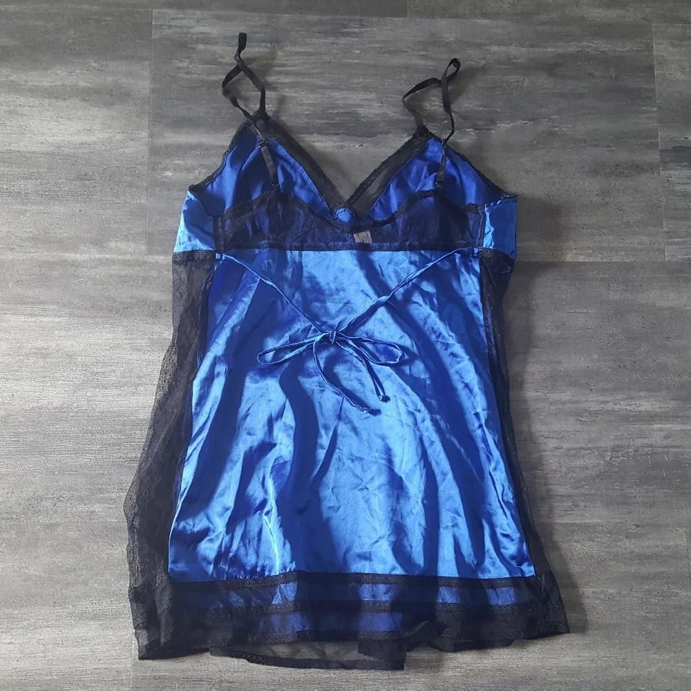 Designer Blue Black Detailed Satin Chemise Size ONE SIZE - 2 Thumbnail