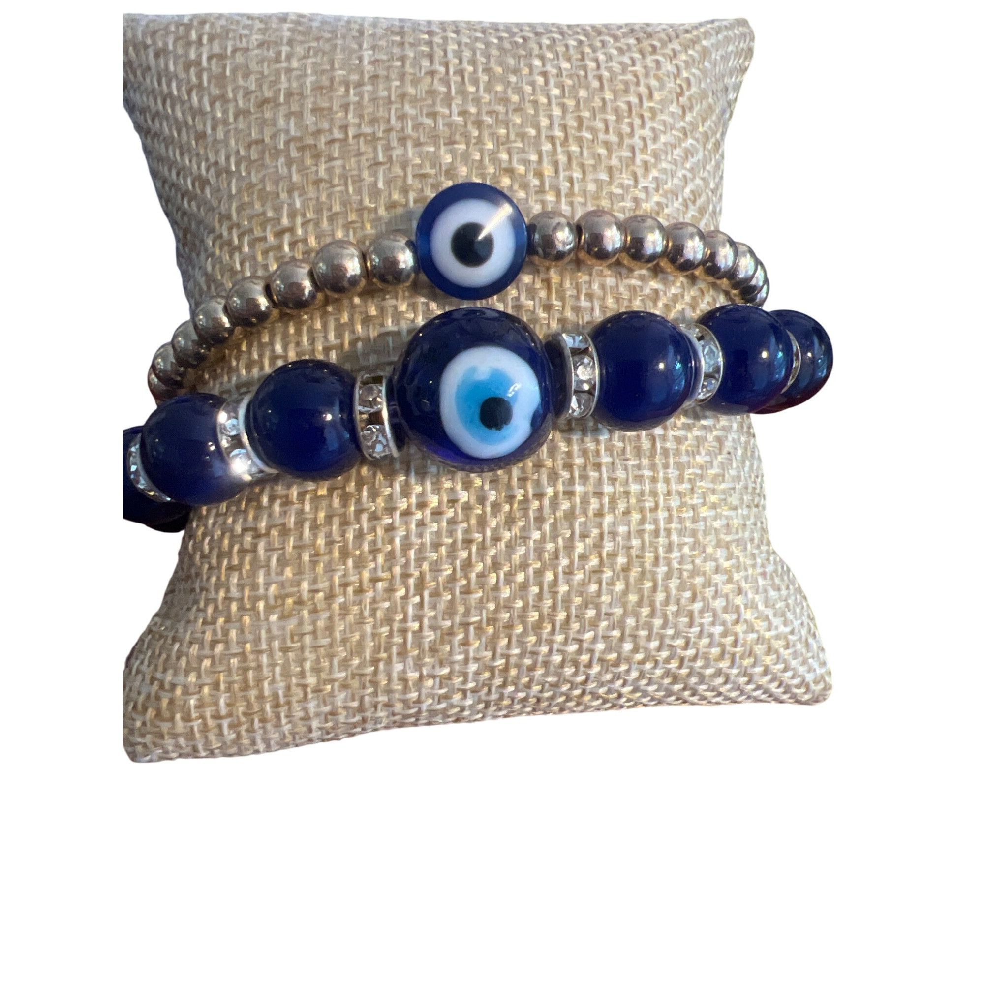 Other Set of 2 Evil Eye Beaded Bracelet Gold Tone Blue Glass Stret Size ONE SIZE - 1 Thumbnail