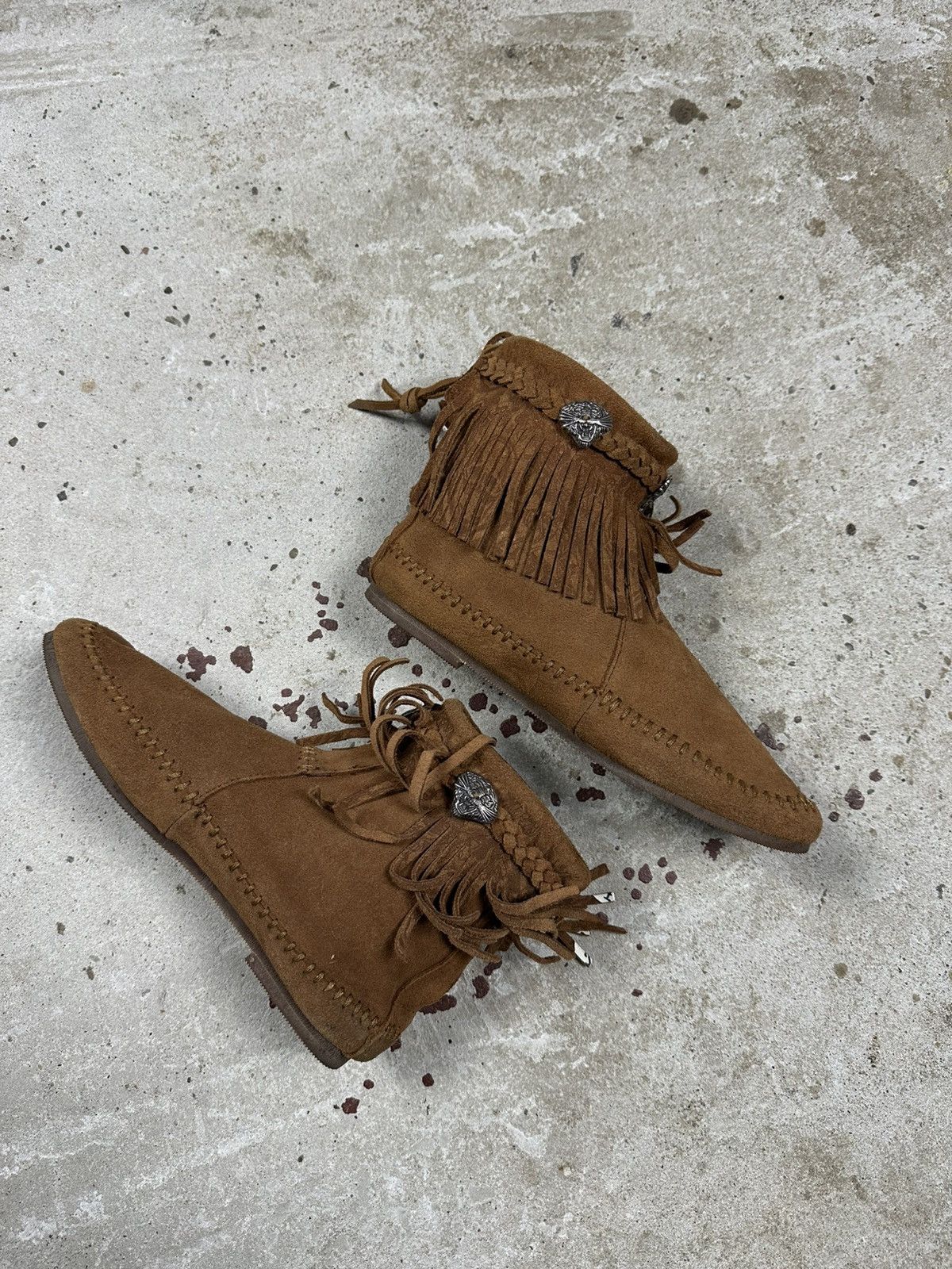 Christian Audigier × Ed Hardy × Vintage Vintage Y2K Ed Hardy Brown Suede Skull Fringe Moccasins Size US 6 / IT 36 - 7 Thumbnail