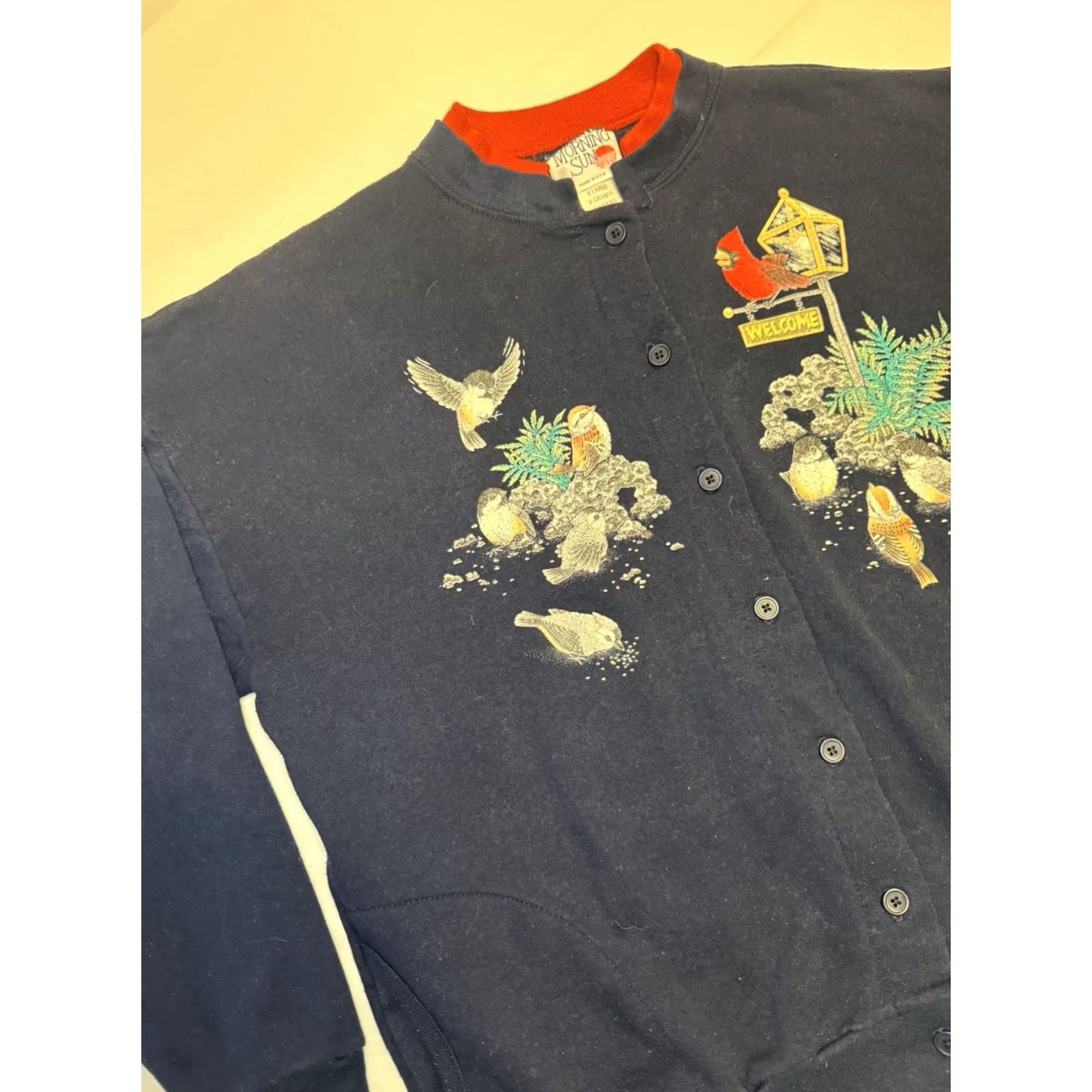 Vintage VINTAGE Morning Sun Sweater Womens XL Blue 90s Leaves Cardinal Bird Collared Size XL / US 12-14 / IT 48-50 - 3 Thumbnail