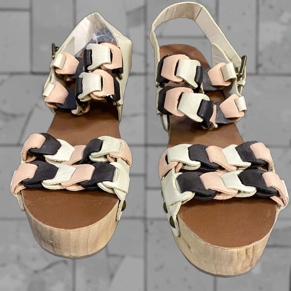 Vintage Ecote Sandals Womens 8 Beige Leather Strappy Platform Wood NEW Size US 8 / IT 38 - 1 Thumbnail