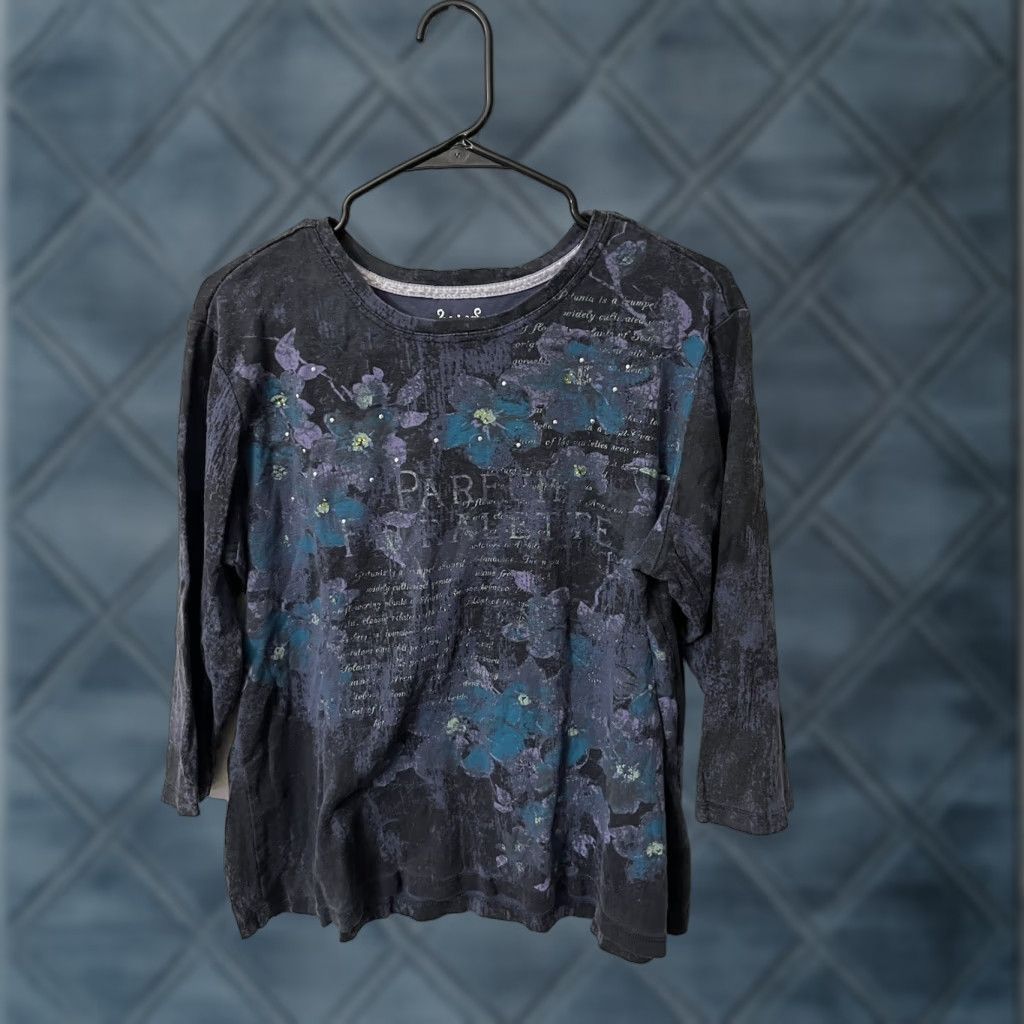 Nicole Miller Nicole Miller Womens Top 2X All Over Print 3/4 Sleeve Blouse Floral Blue Polyester Rhinestone City Size XXL / US 16-18 / IT 52-54 - 1 Thumbnail