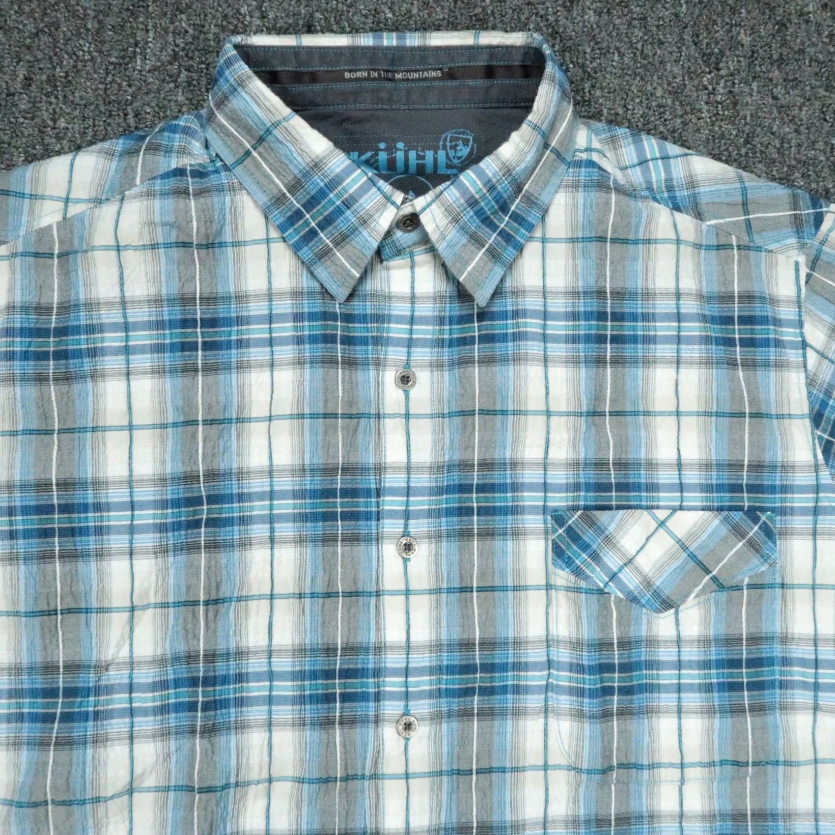 Vintage Kuhl Shirt Mens Large Blue Plaid Short Sleeve Button Outdoor Stretch Seersucker Size US L / EU 52-54 / 3 - 2 Thumbnail