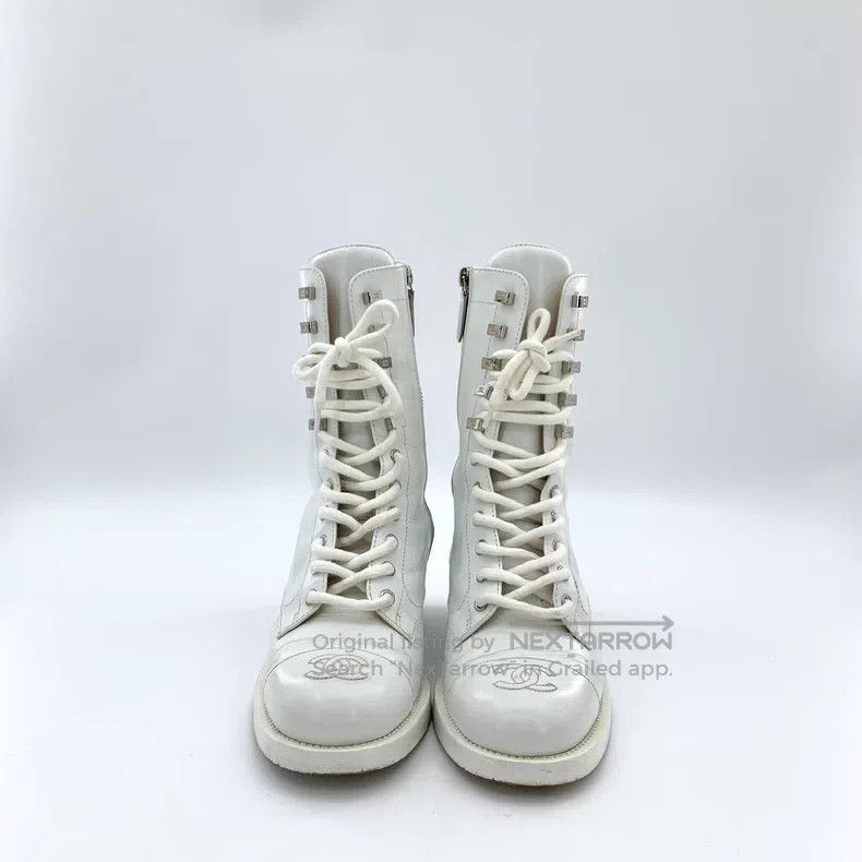 Chanel Chanel White logo lace-up casual flat mid-length boots Size US 6.5 / IT 36.5 - 3 Thumbnail