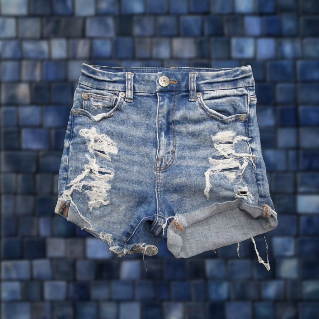 American Eagle Outfitters AMERICAN EAGLE Shorts Women Denim Blue Stretch Hi Rise Curvy Shorties 00 Regular Pocket 5-Pocket Distressed Patchwork Button Logo Vintage No Size 24" / US 00 / IT 34 - 1 Thumbnail