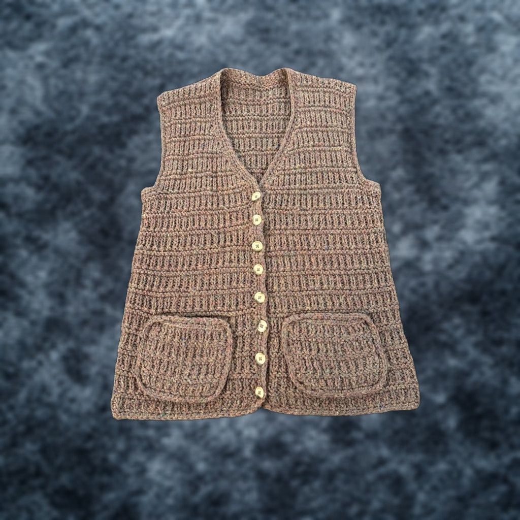 Vintage VINTAGE Cardigan Vest Women Large Brown Crochet Chunky Pocket 90s Wool V-Neck Sleeveless L Handmade Mens? Women? Size L / US 10 / IT 46 - 1 Thumbnail