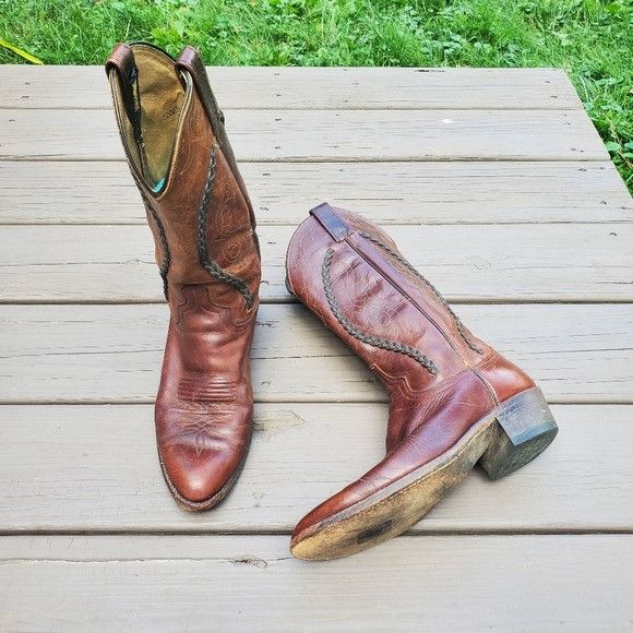 Dan Post × Vintage Vintage 70s Dan Post Brown Leather Braid Shaft Western Boots Size US 9 / EU 42 - 1 Thumbnail
