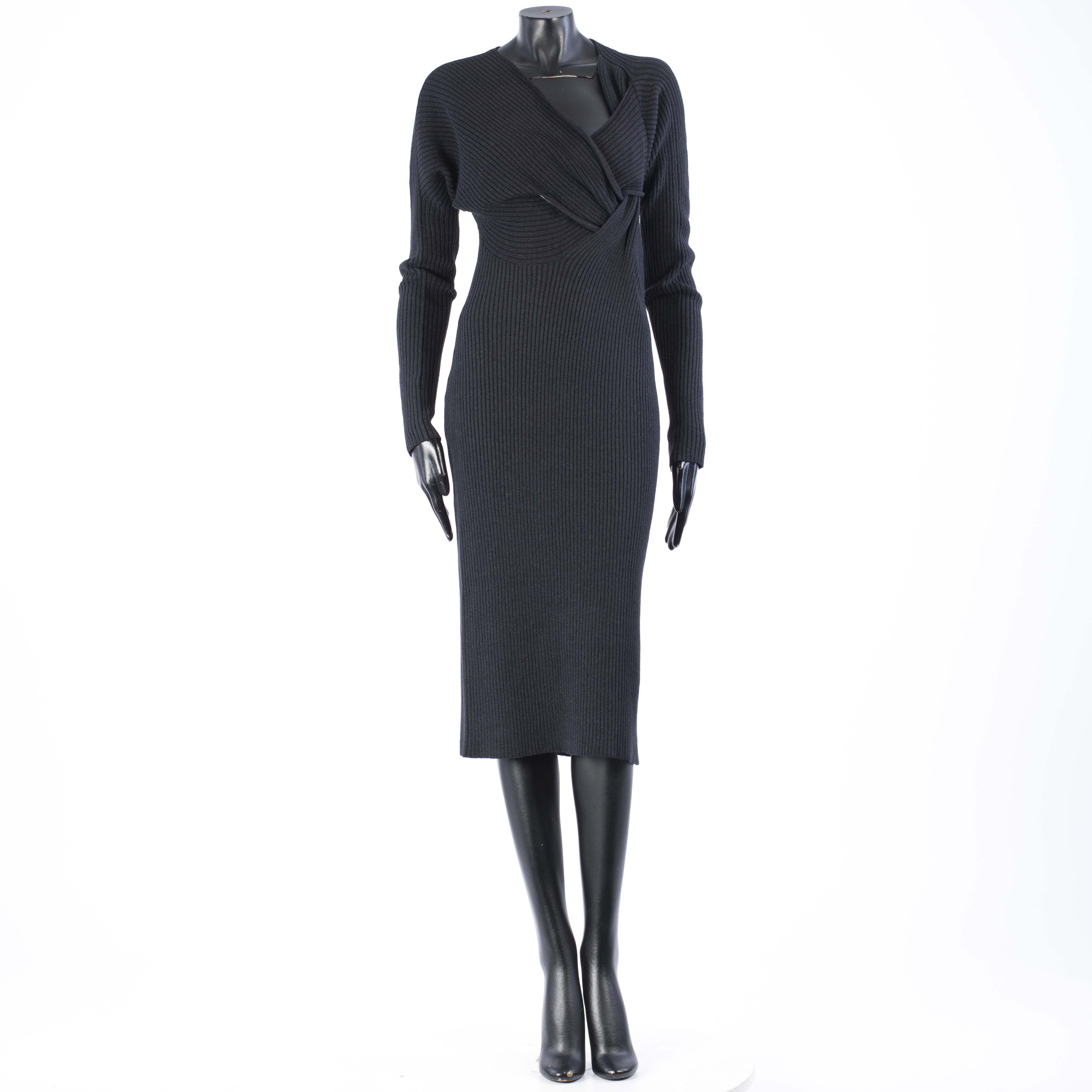 Bottega Veneta Knit Dress With Twisted Neckline In Black Silk & Wool Blend Size XS / US 0-2 / IT 36-38 - 1 Thumbnail
