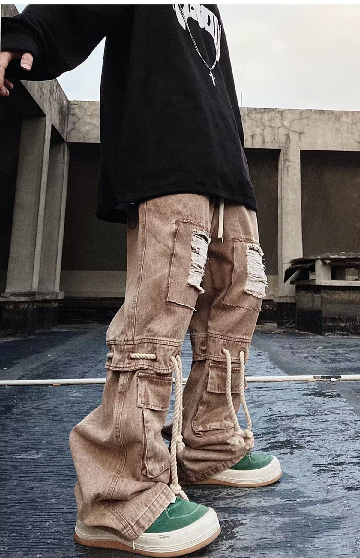 Other Ripped Knee Drawstring Hip Hop Baggy Jeans Size US 36 / EU 52 - 4 Thumbnail