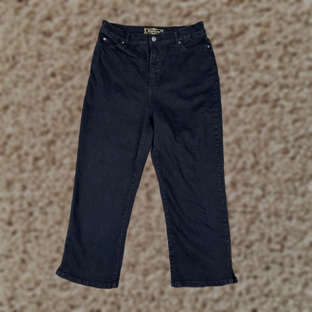 Vintage Bestow Jeans Women's 10 Black Dark Wash High Rise Straight Crop 30x22 Cotton Blend Spandex Denim 5-Pocket Logo Zip Fly Mens? Size 32" / US 10 / IT 46 - 1 Thumbnail